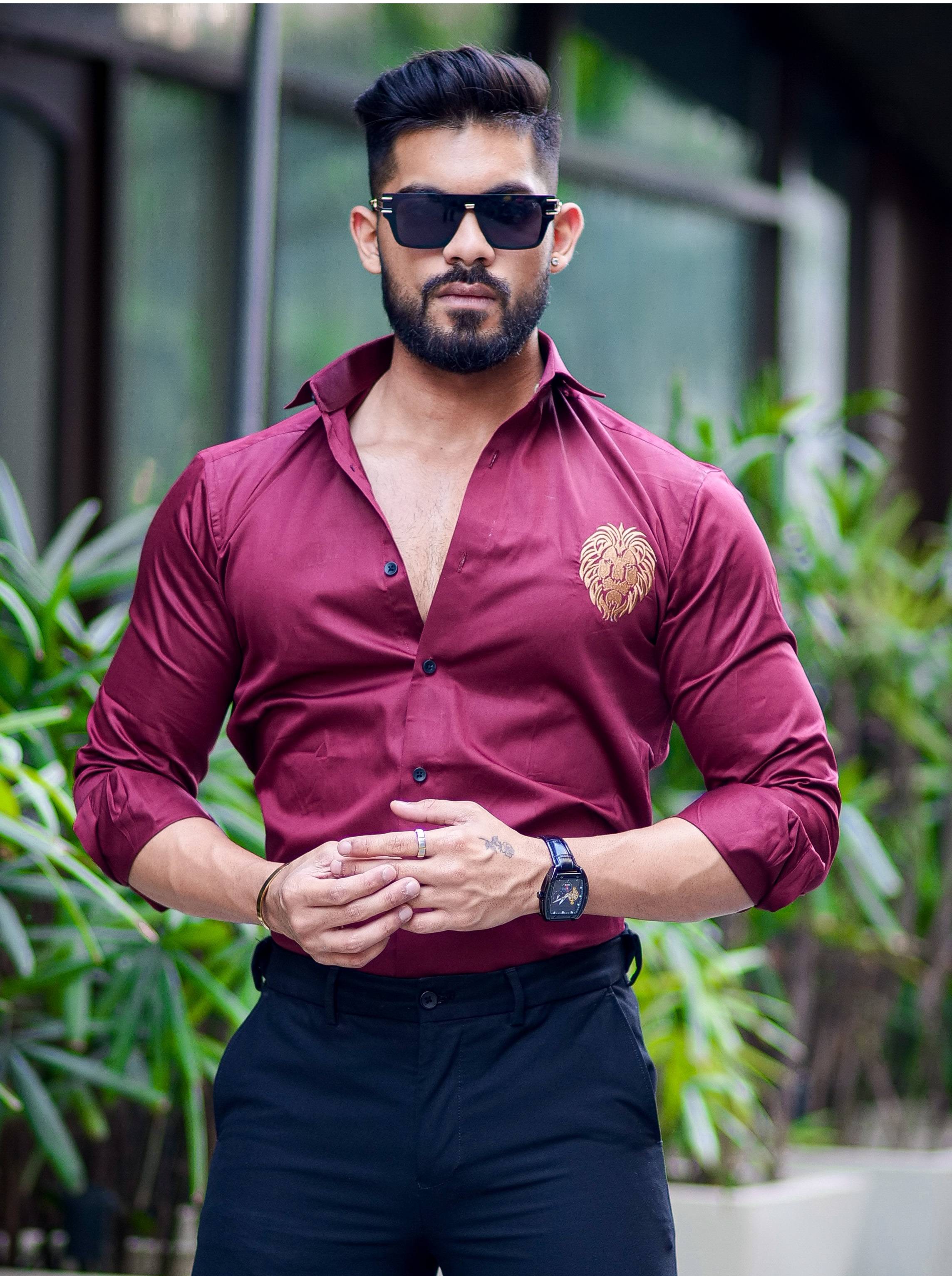 Maroon  Golden Embroidered Mufasa Luxury Shirt For Men's - Image 3