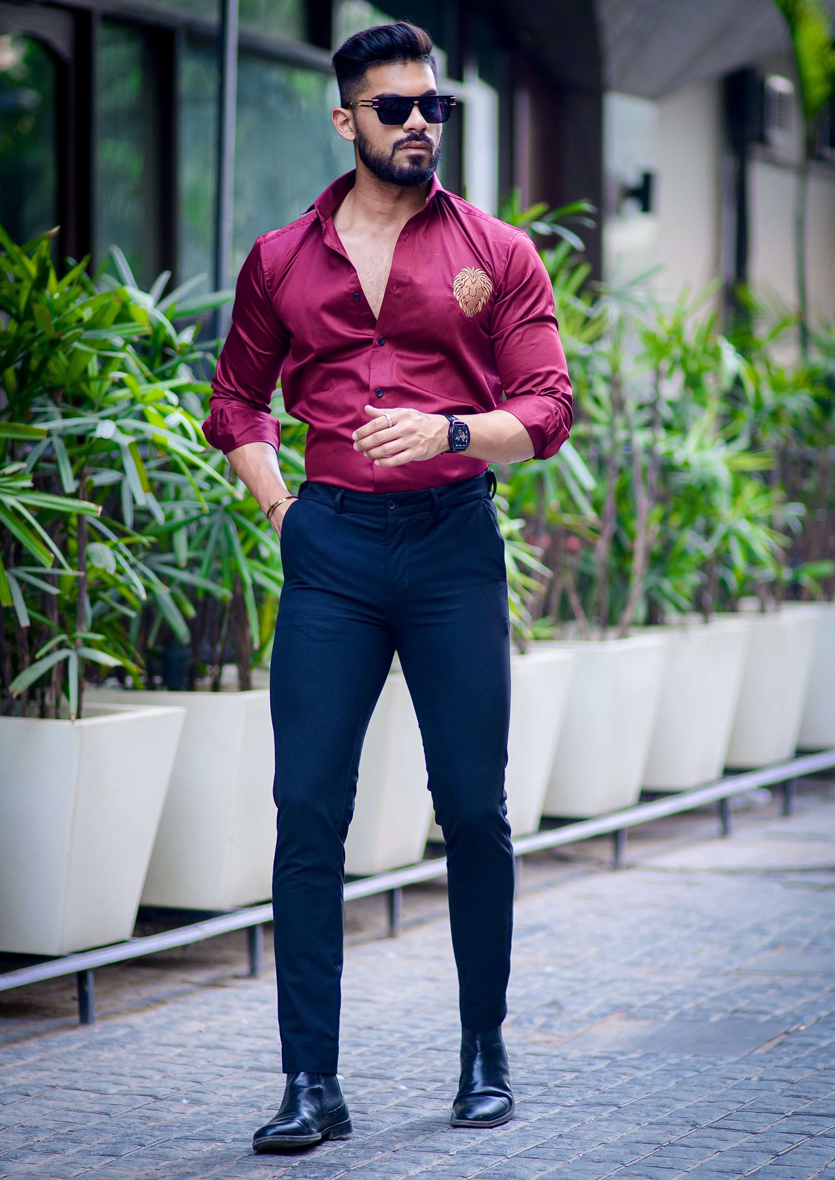 Maroon  Golden Embroidered Mufasa Luxury Shirt For Men's - Image 4