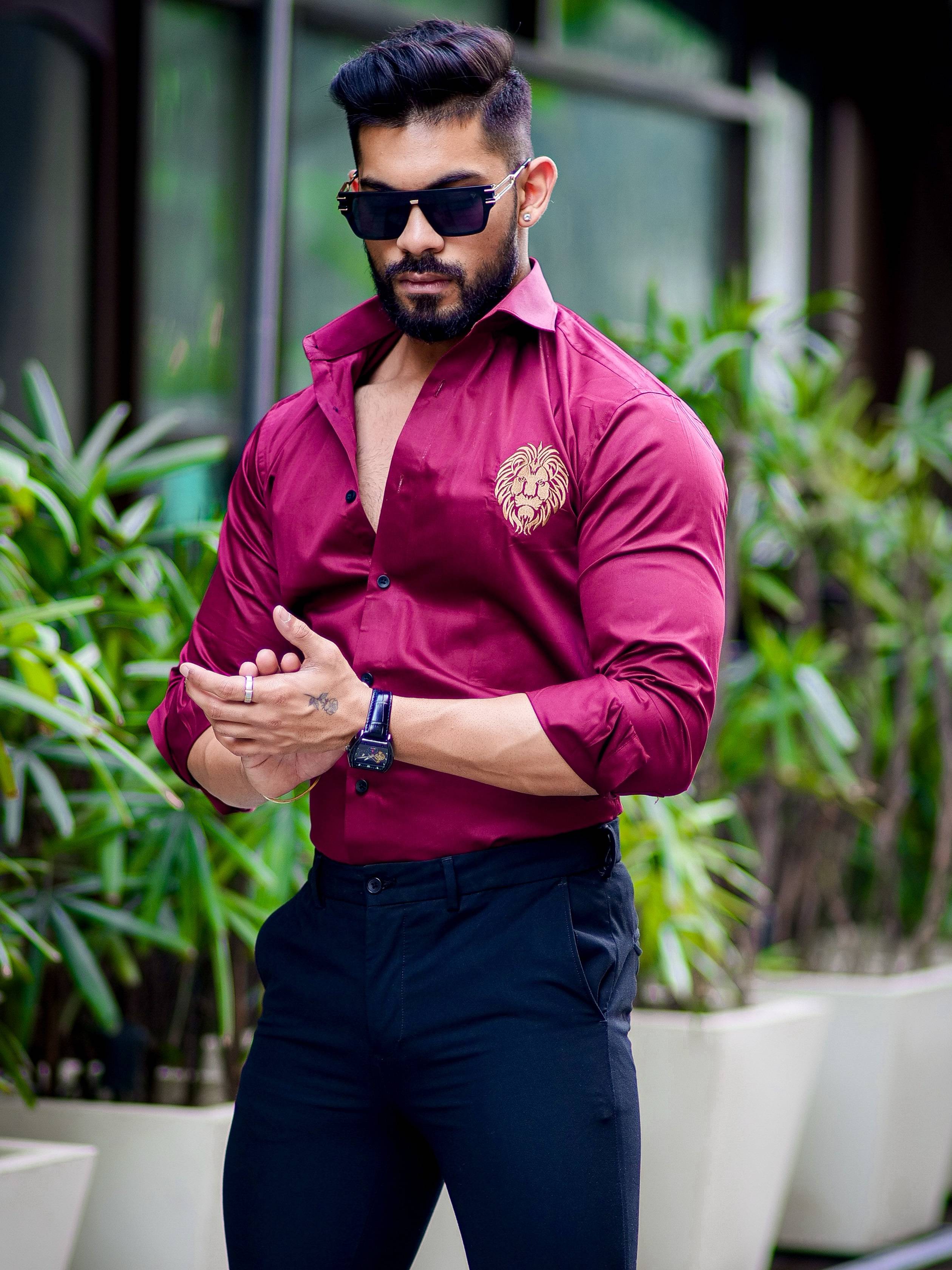 Maroon  Golden Embroidered Mufasa Luxury Shirt For Men's - Image 5