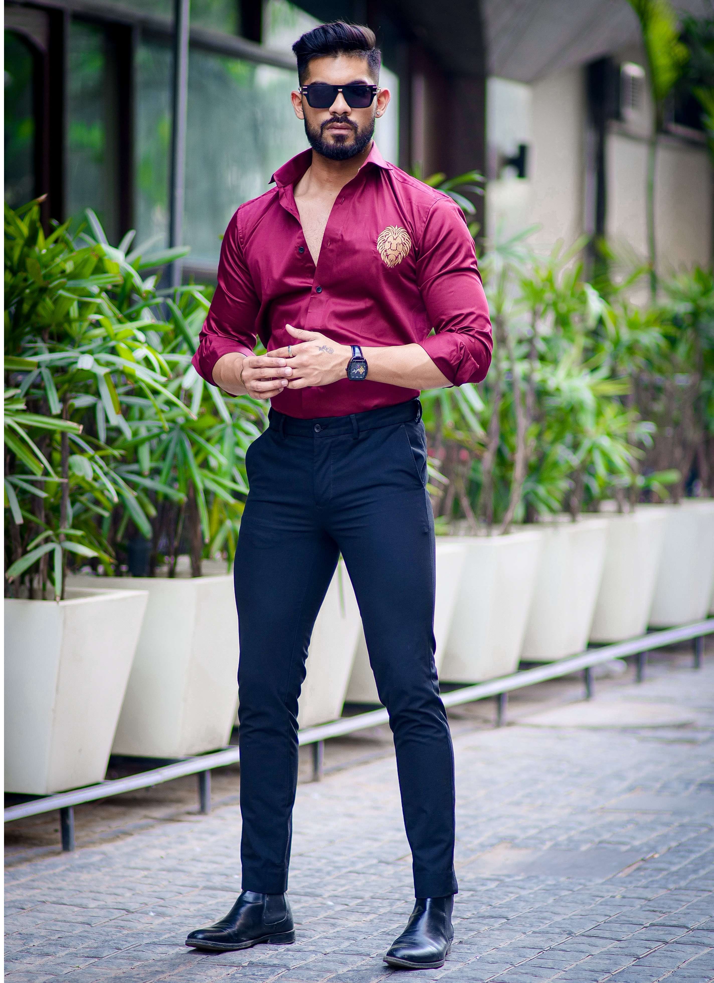 Maroon  Golden Embroidered Mufasa Luxury Shirt For Men's - Image 6