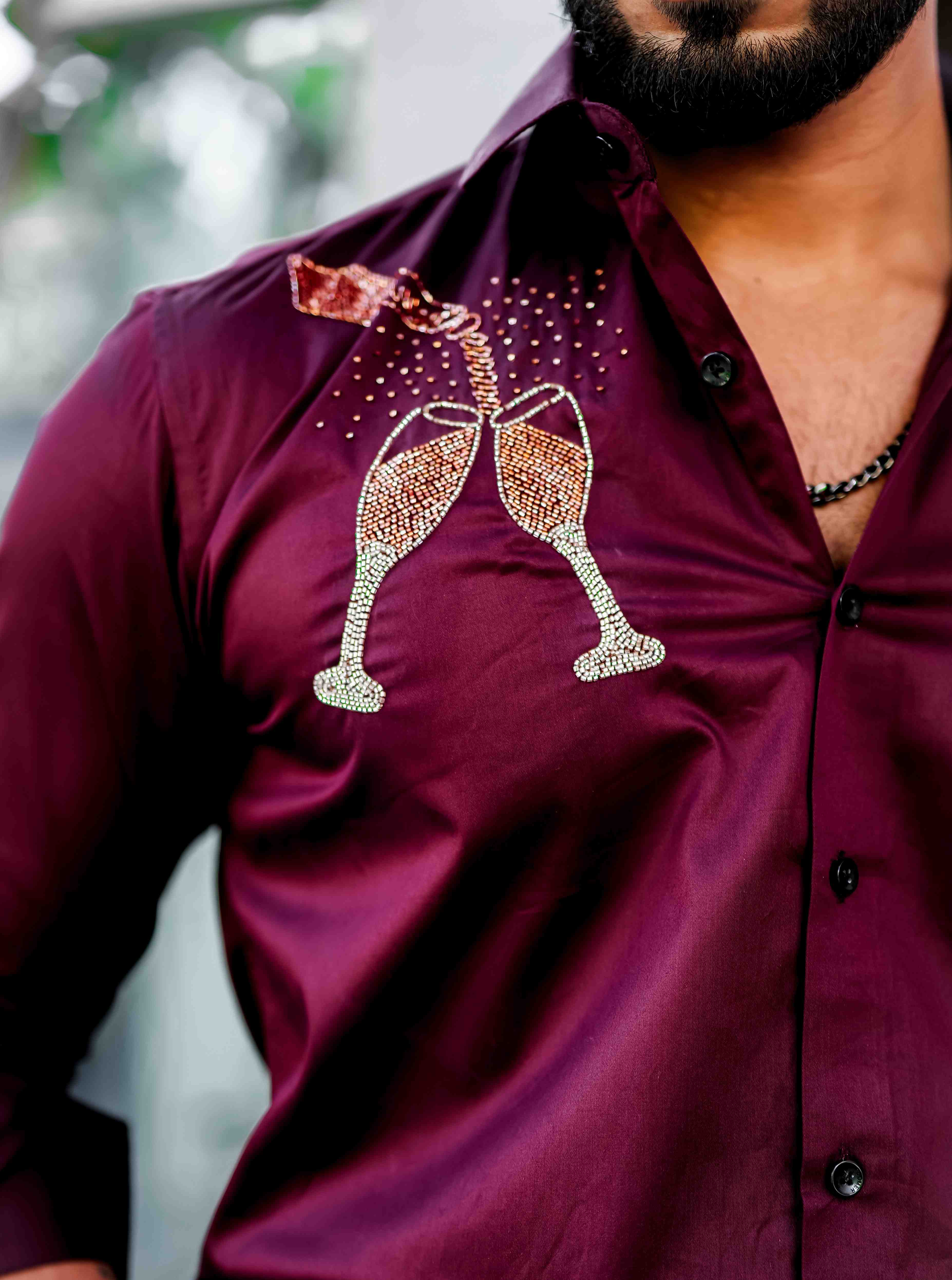 Maroon Rhinestone Hand Work Satin Cotton Premium Shirt - Image 2