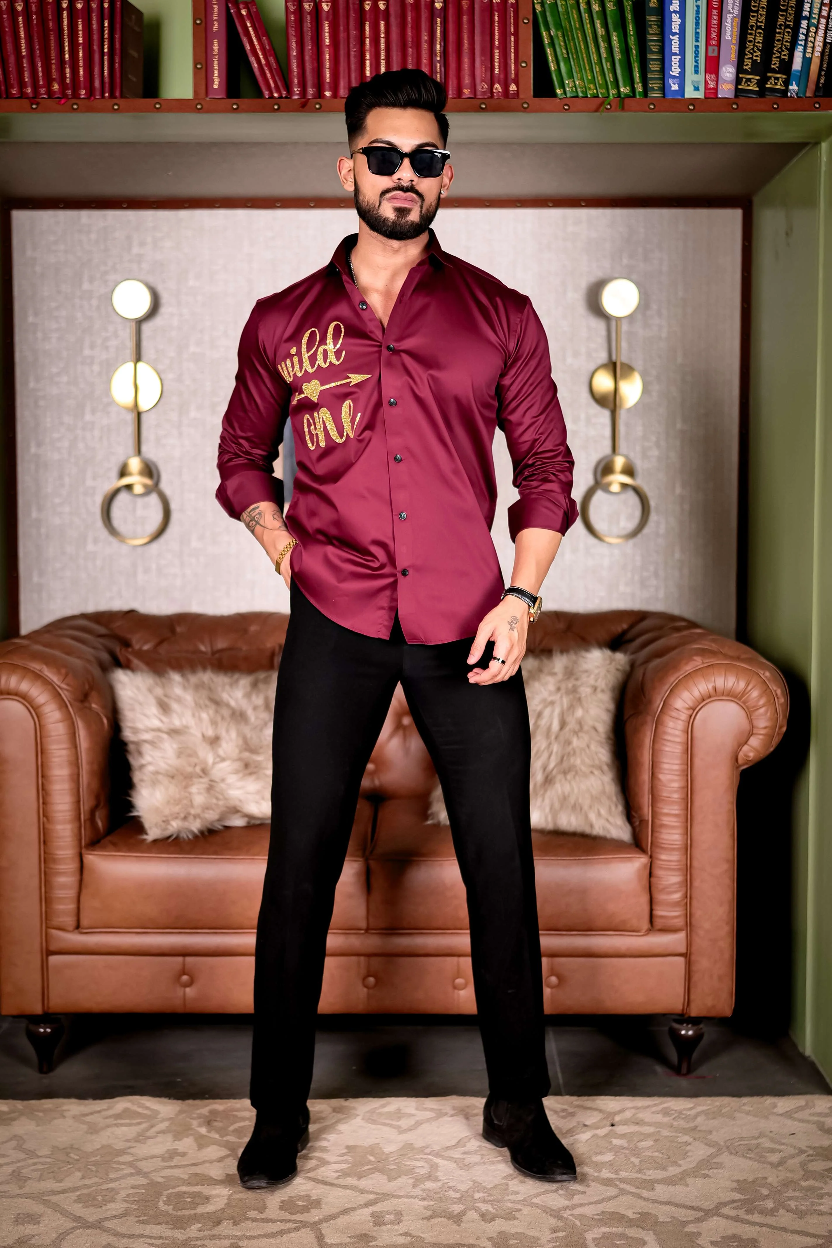 Maroon Wild One Glitter Luxury Shirt For Men's - Image 5