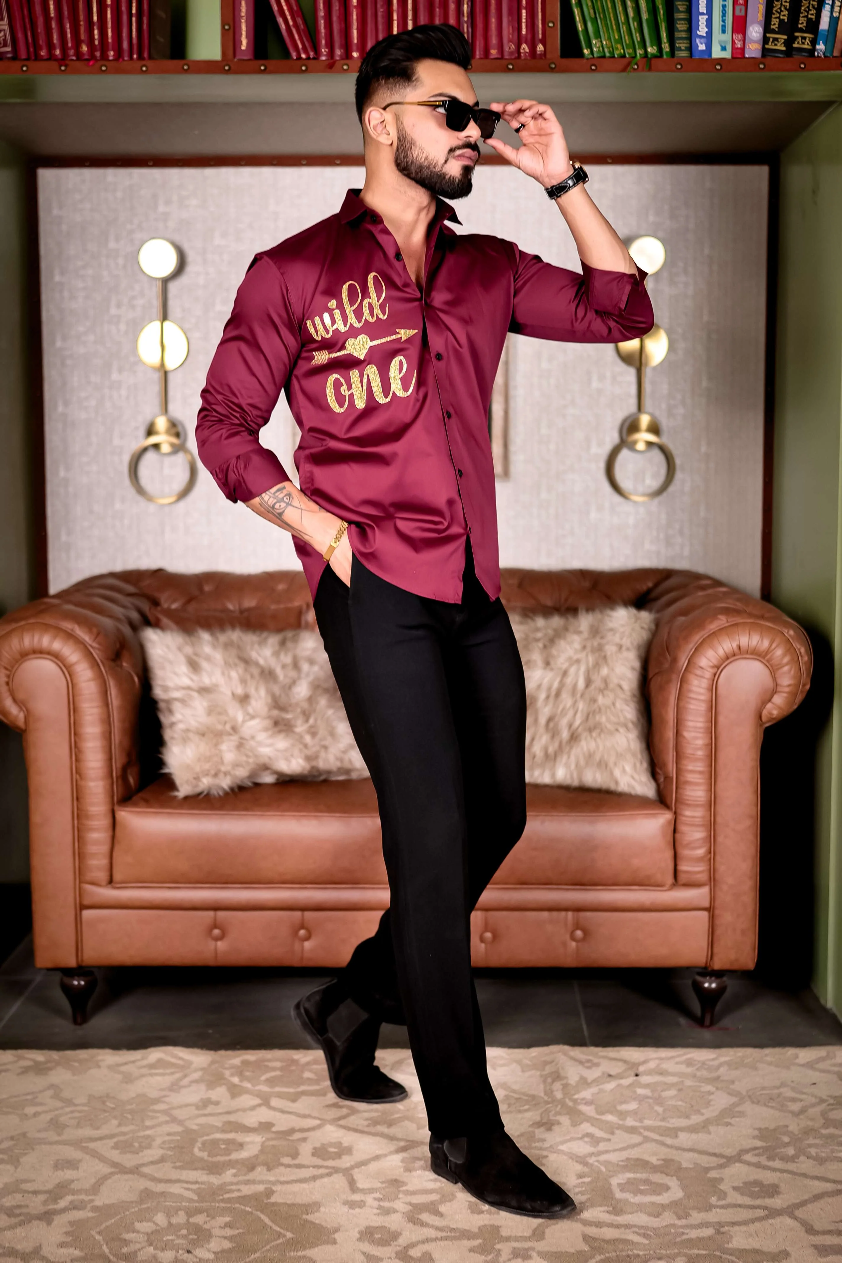 Maroon Wild One Glitter Luxury Shirt For Men's - Image 6