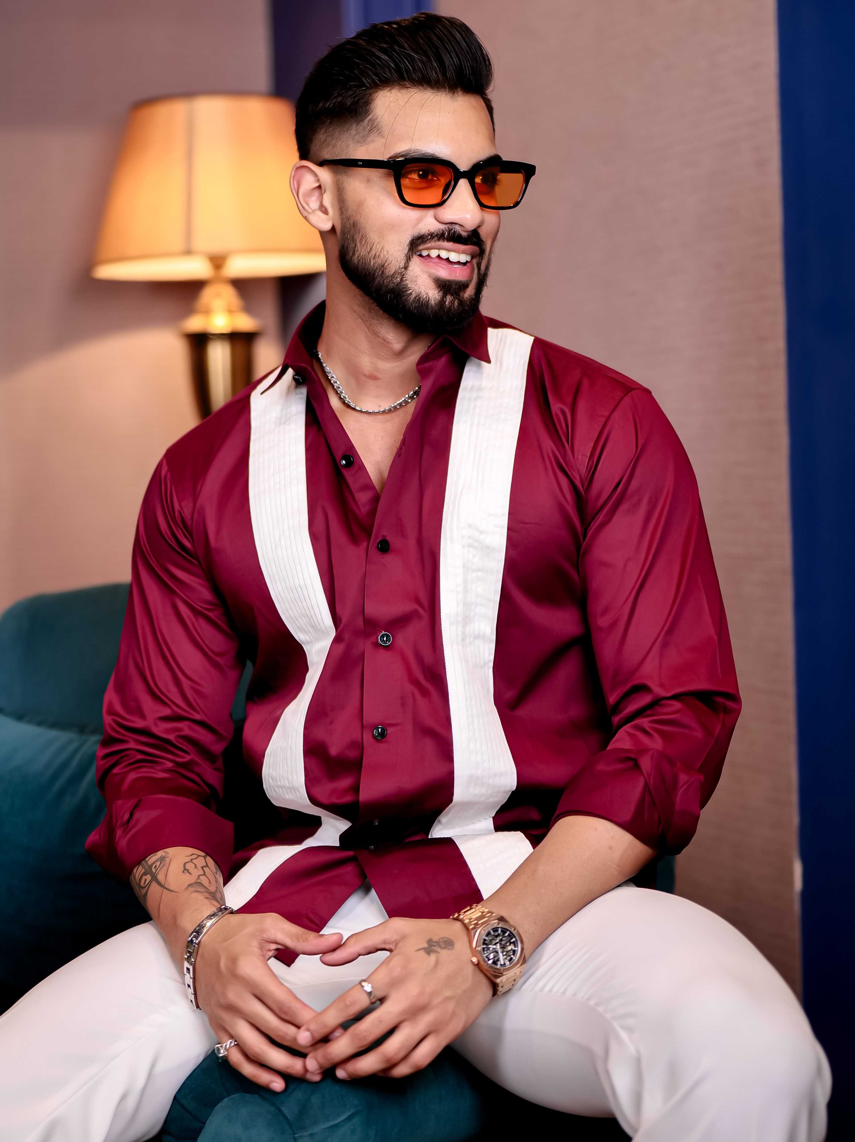 Maroon with White Subtle Sheen Tuxedo Premium Giza Satin Cotton Shirt - Image 10