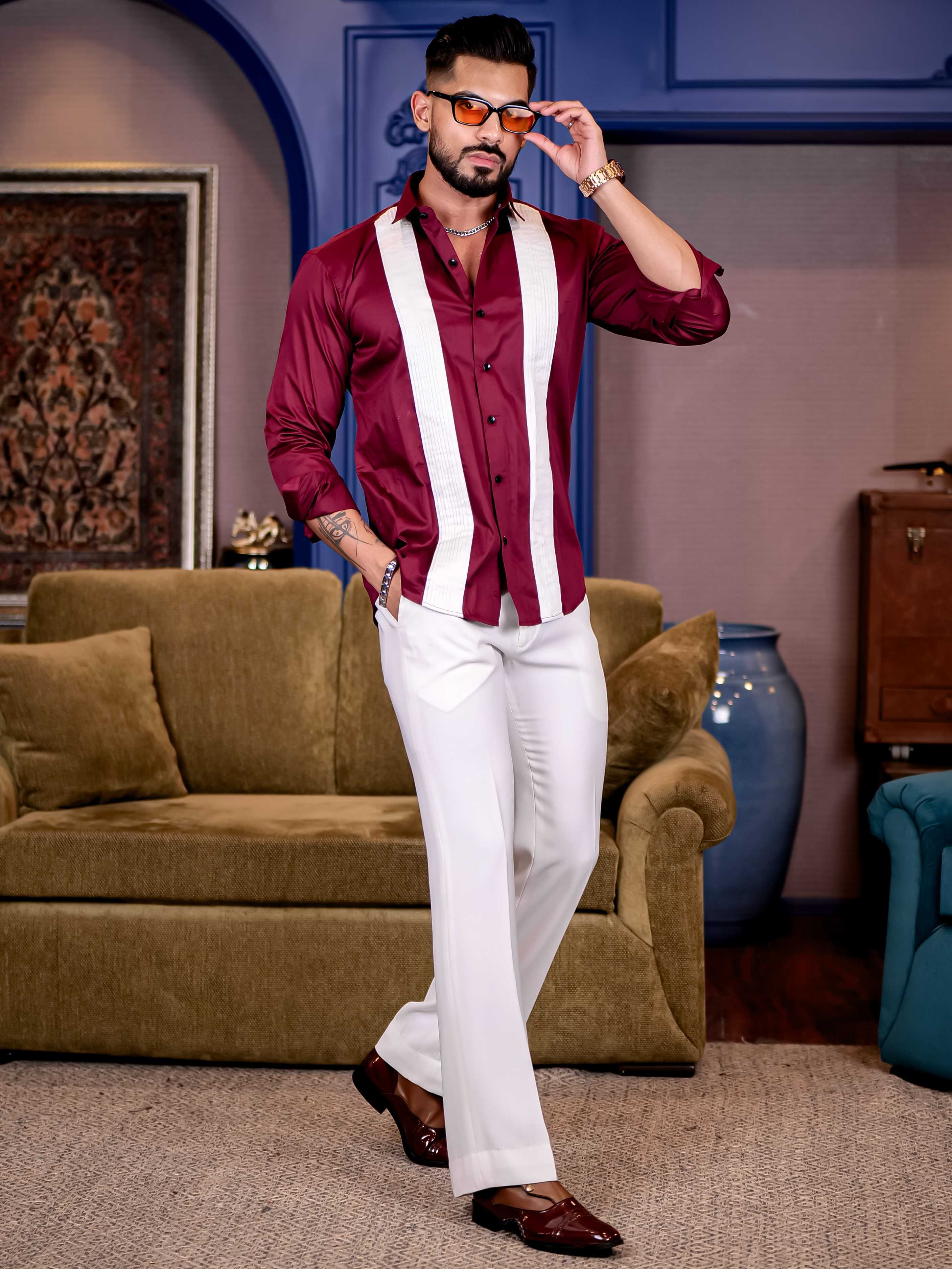 Maroon with White Subtle Sheen Tuxedo Premium Giza Satin Cotton Shirt - Image 7