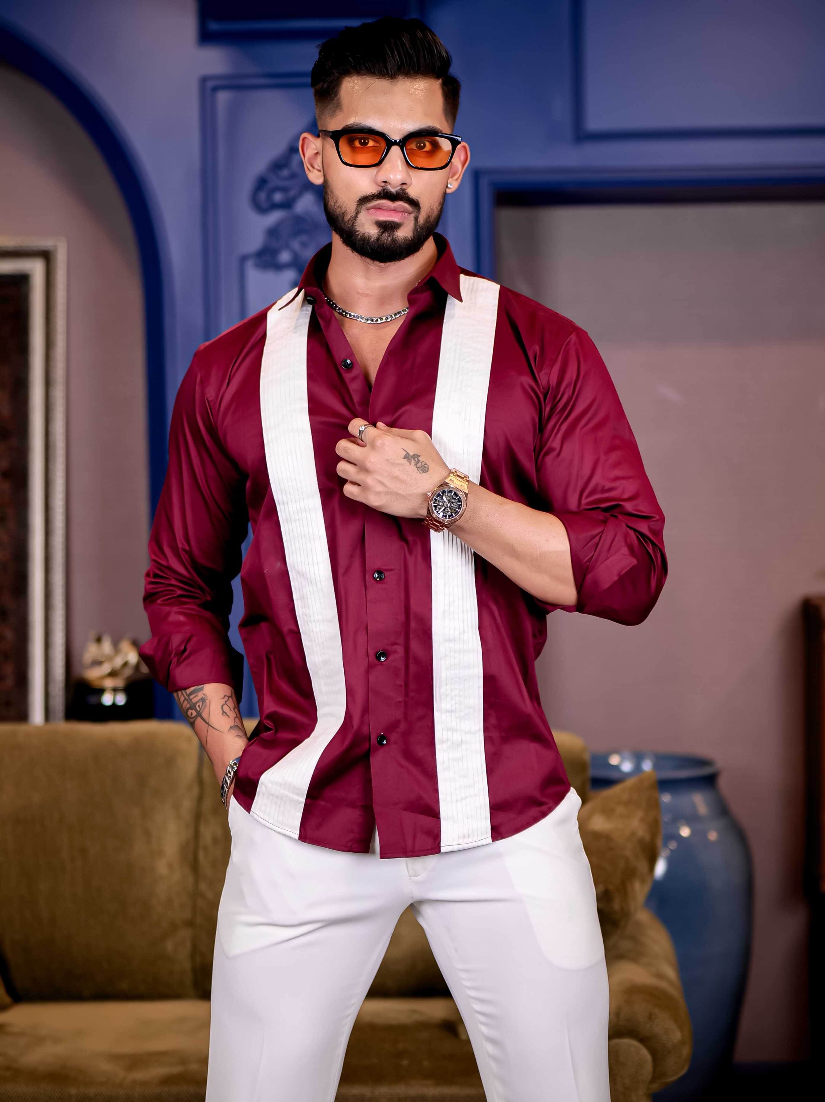 Maroon with White Subtle Sheen Tuxedo Premium Giza Satin Cotton Shirt - Image 8