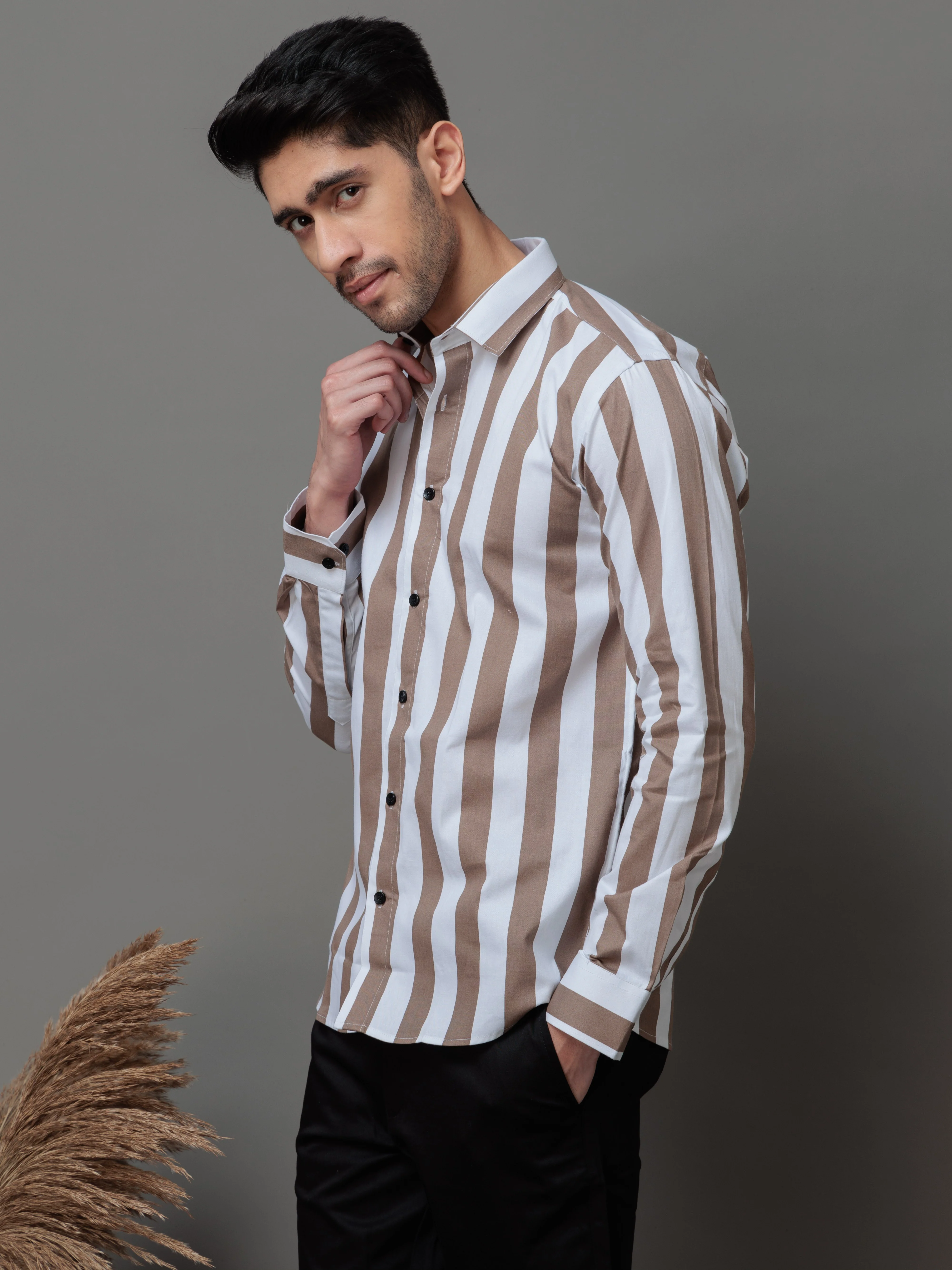 METALLIC BROWN STRIPED COTTON CASUAL SHIRT FOR MEN'S - Image 4