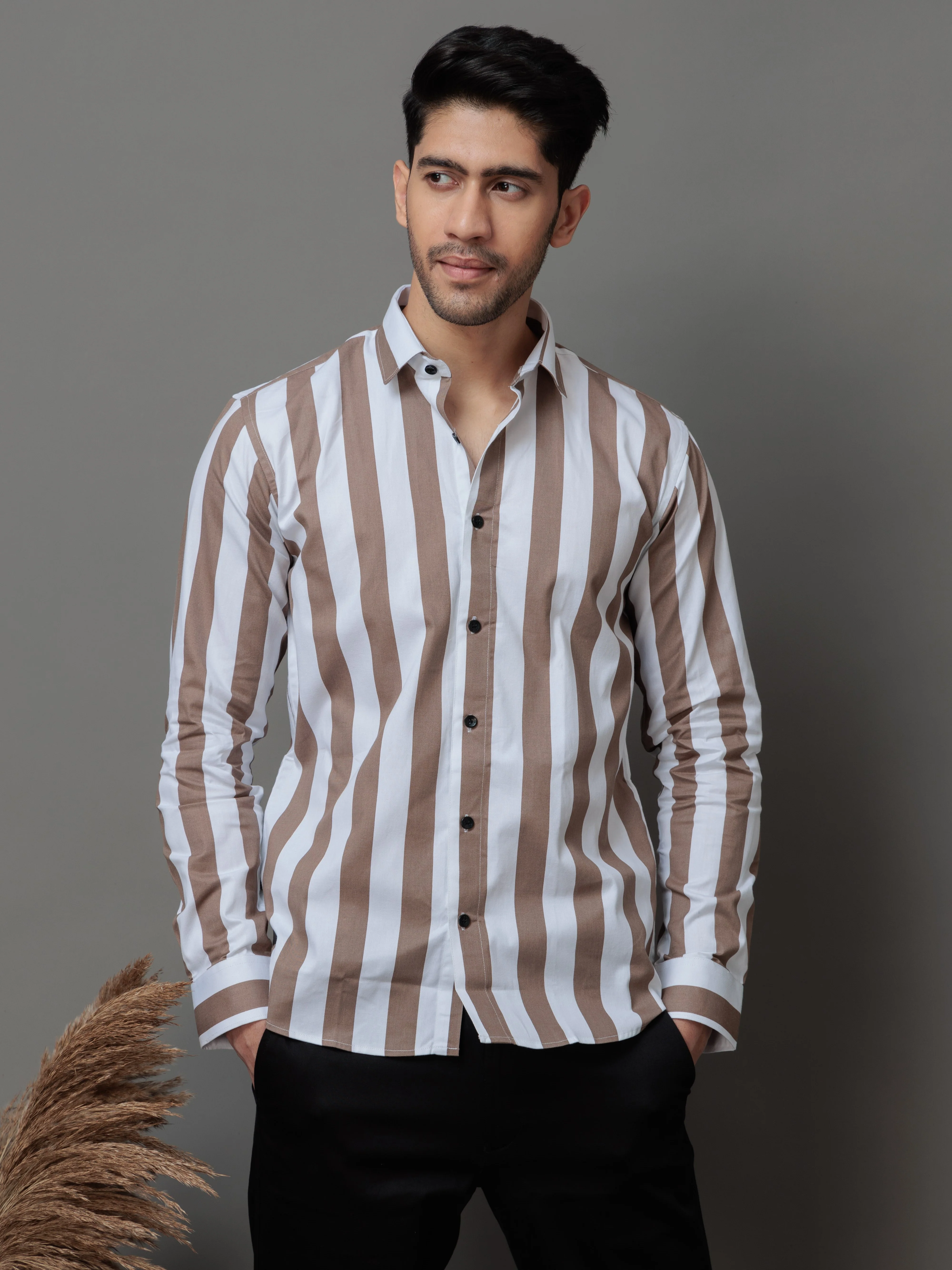 METALLIC BROWN STRIPED COTTON CASUAL SHIRT FOR MEN'S - Image 6