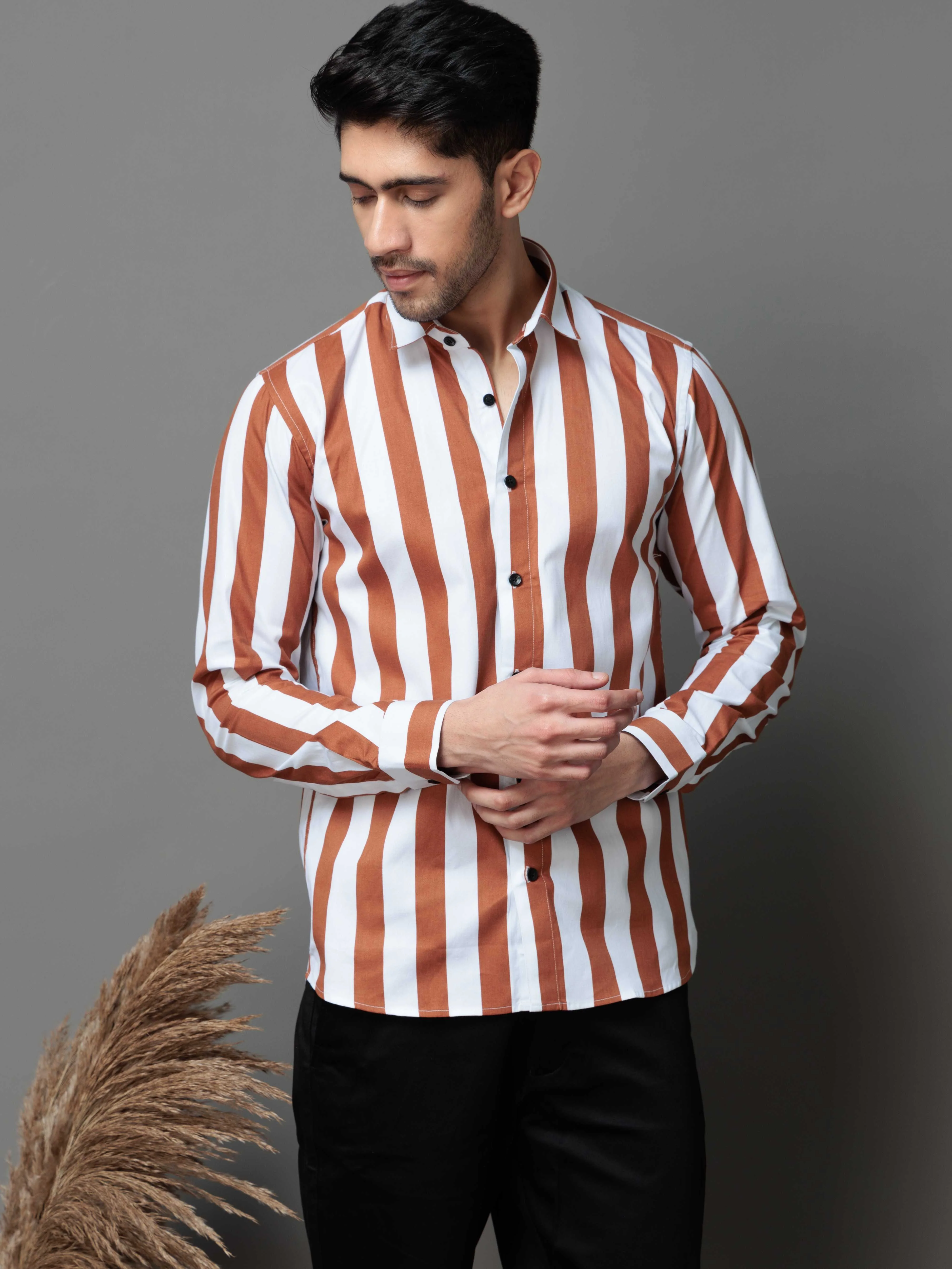 METALLIC ORANGE STRIPED COTTON CASUAL SHIRT - Image 3