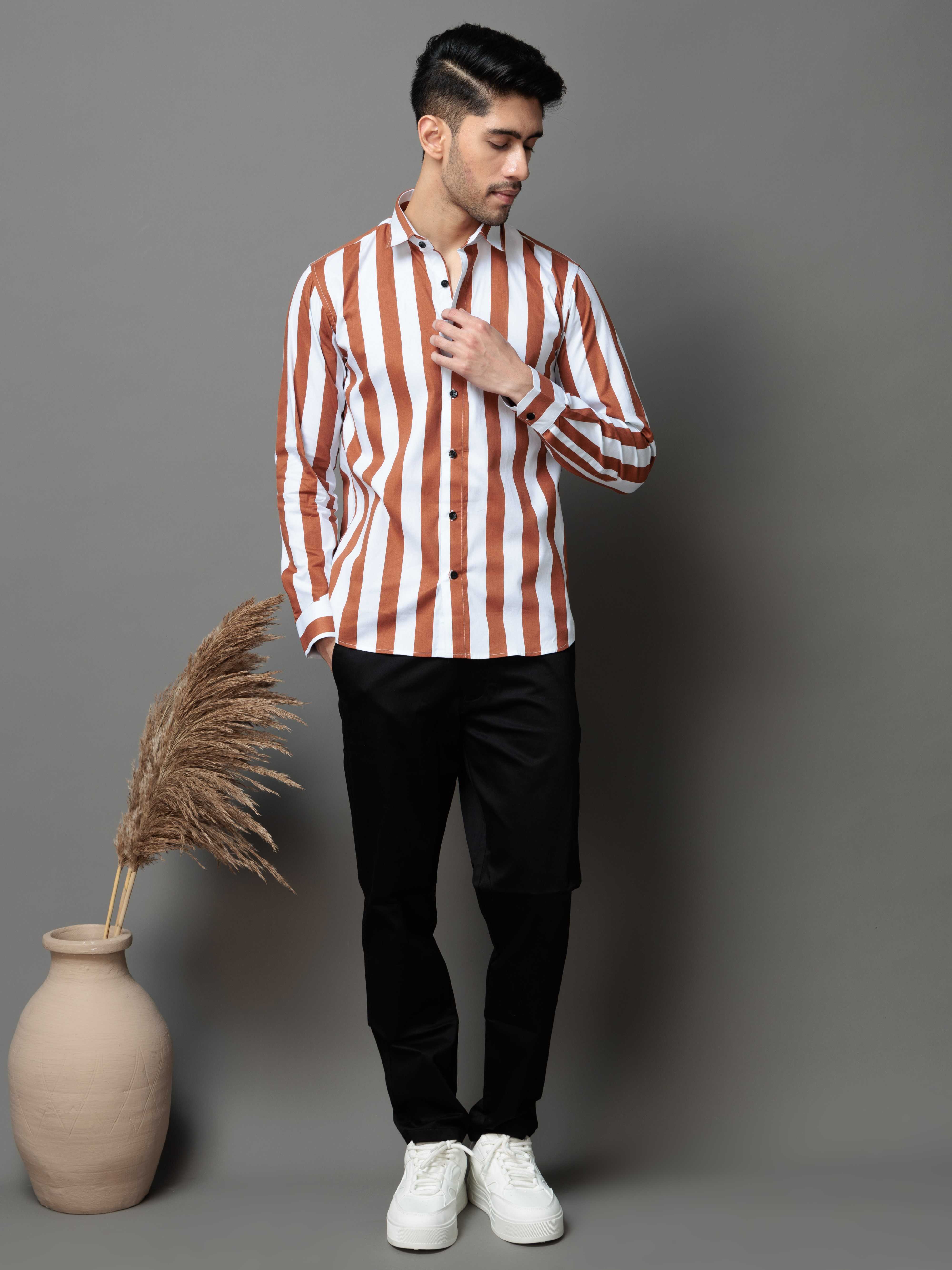 METALLIC ORANGE STRIPED COTTON CASUAL SHIRT - Image 6