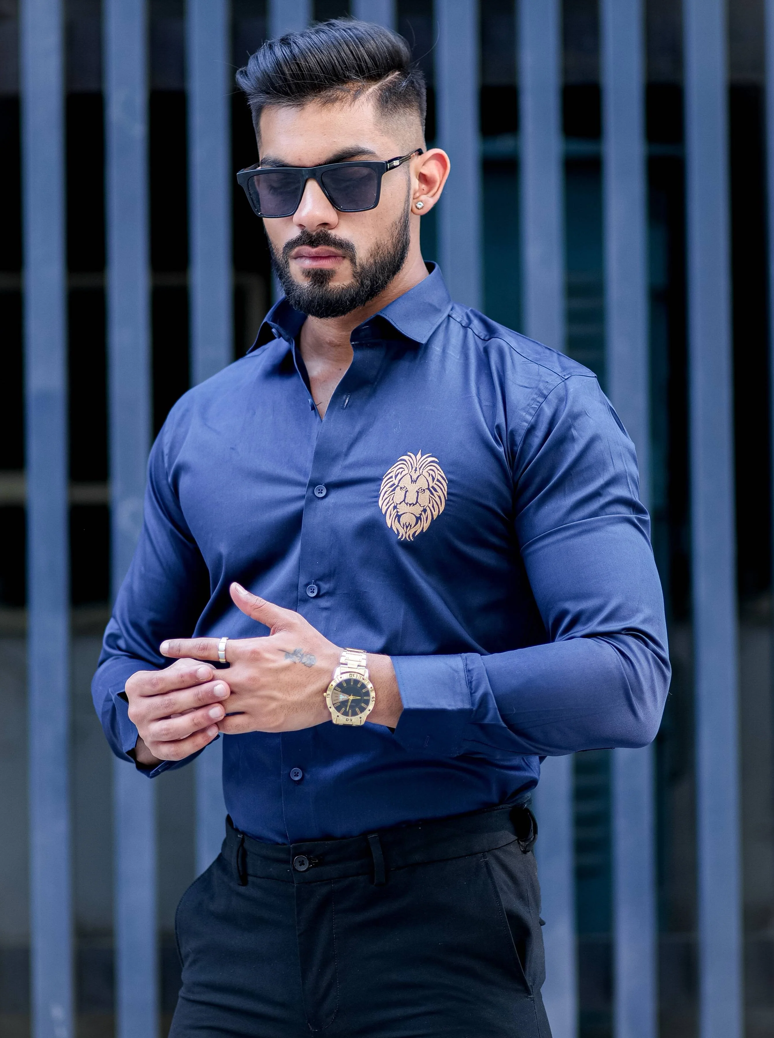 Mufasa Golden Embroidered Blue Premium Shirt For Men - Image 3