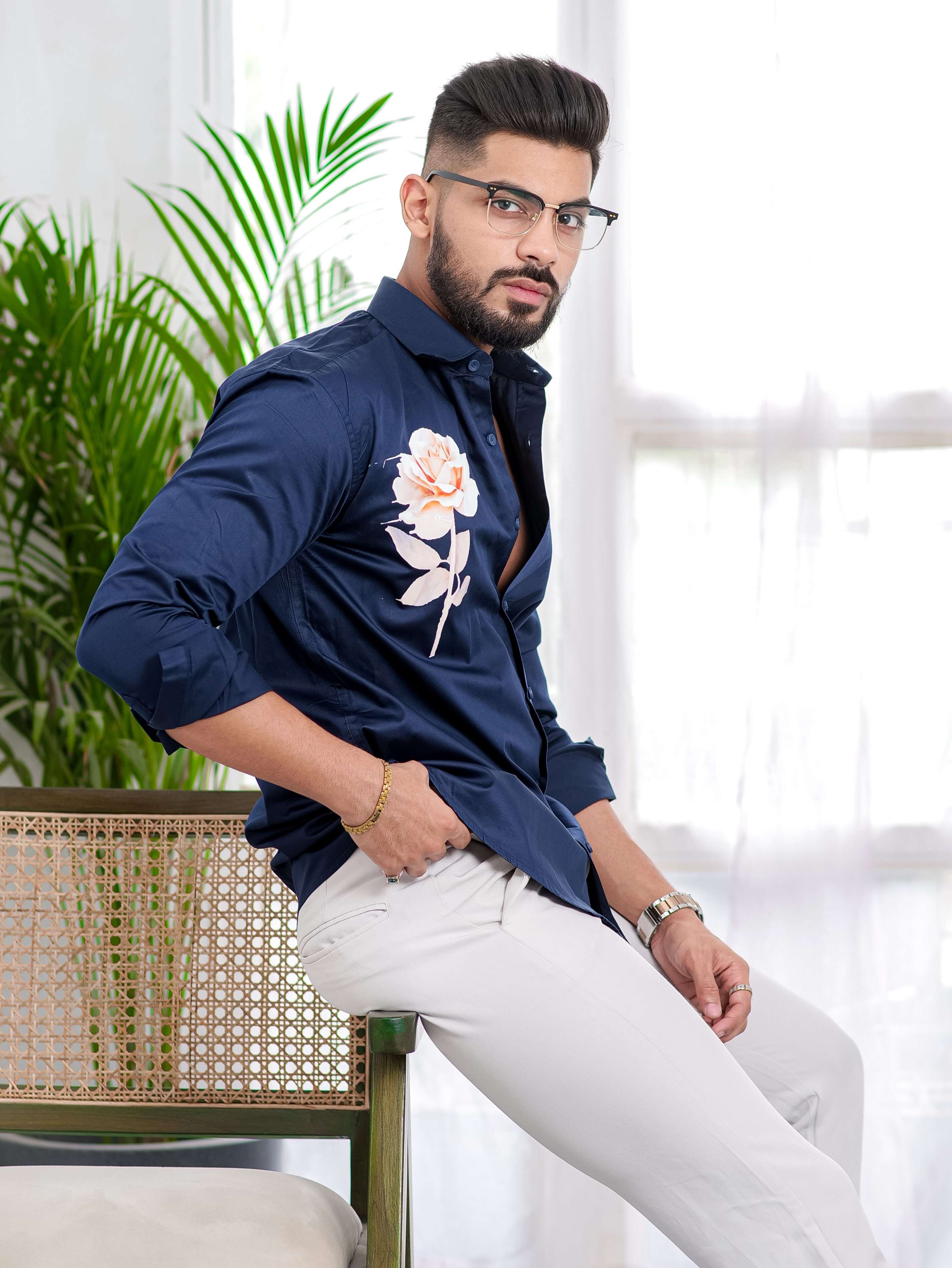 Navy Blue Club Wear Printed Satin Cotton Shirt - Image 4