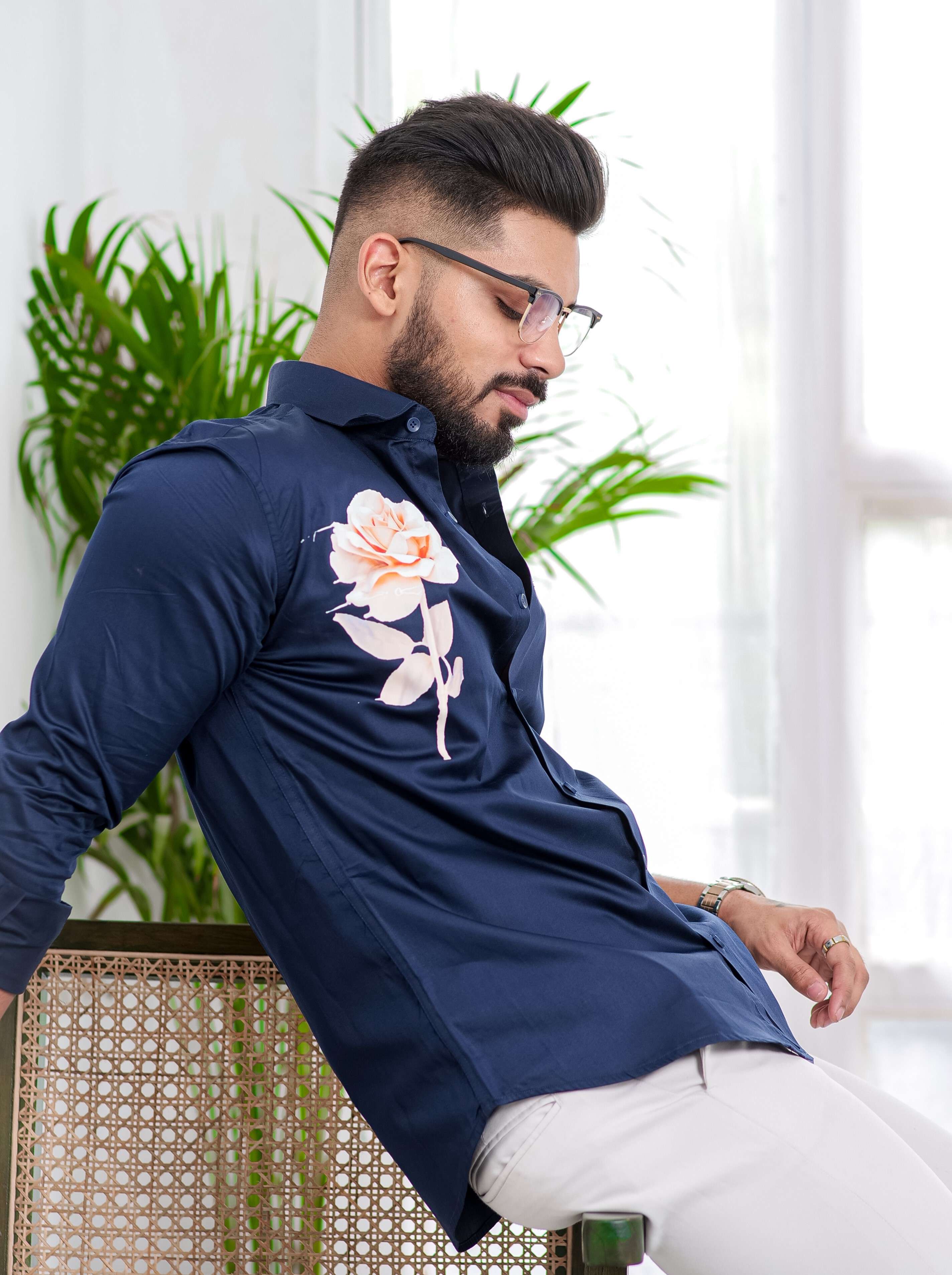Navy Blue Club Wear Printed Satin Cotton Shirt - Image 6