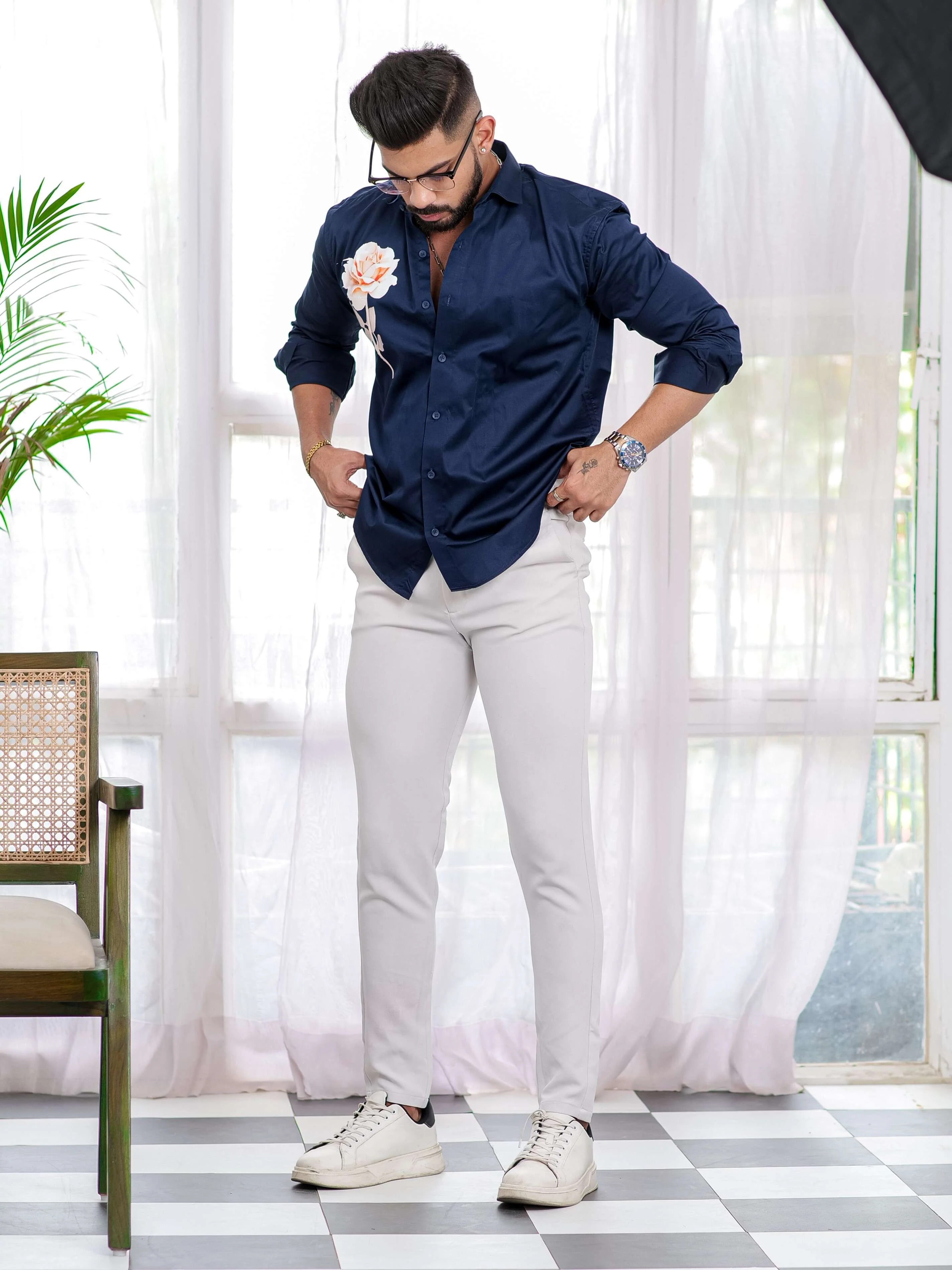 Navy Blue Club Wear Printed Satin Cotton Shirt - Image 7