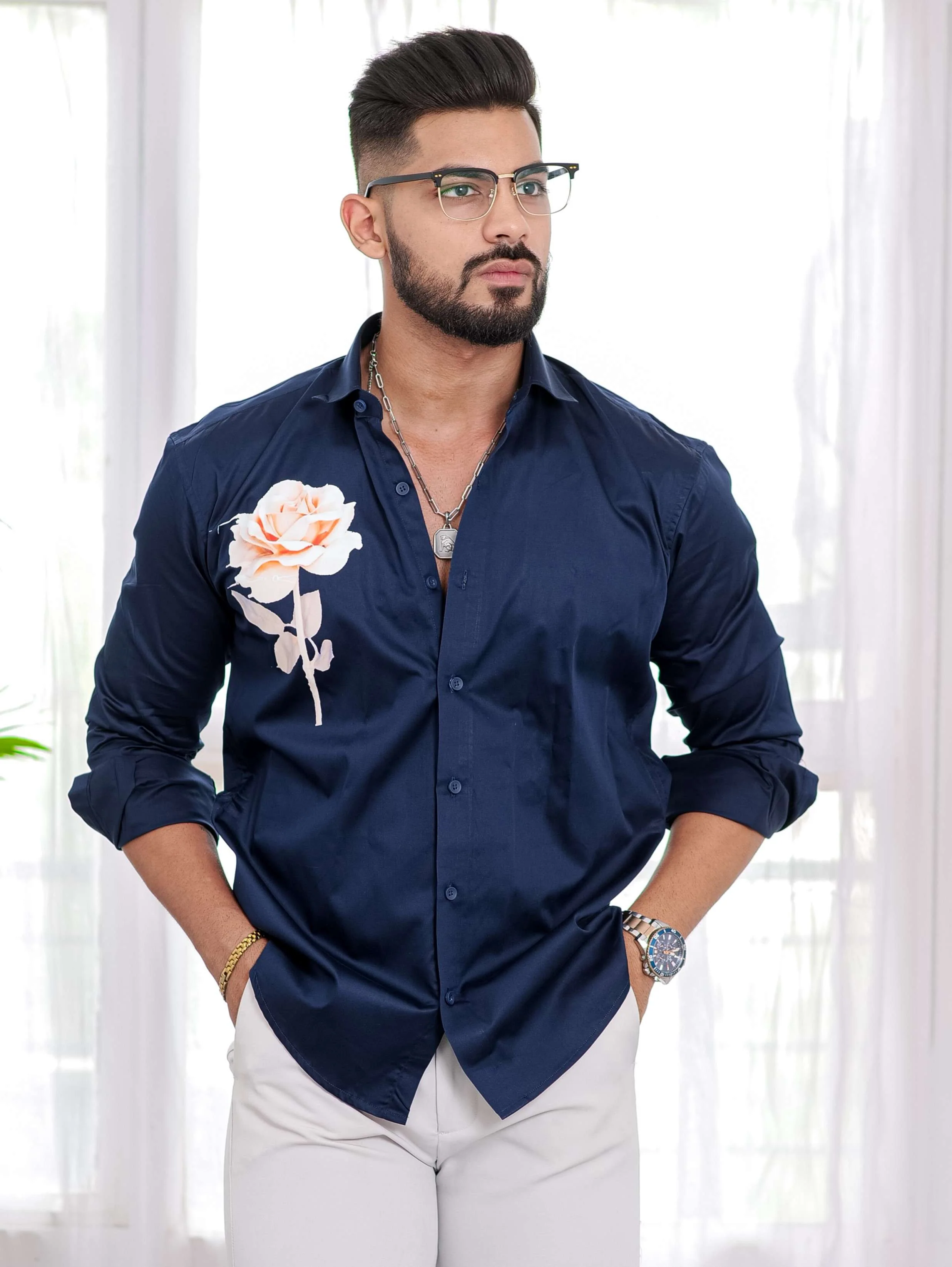 Navy Blue Club Wear Printed Satin Cotton Shirt - Image 8