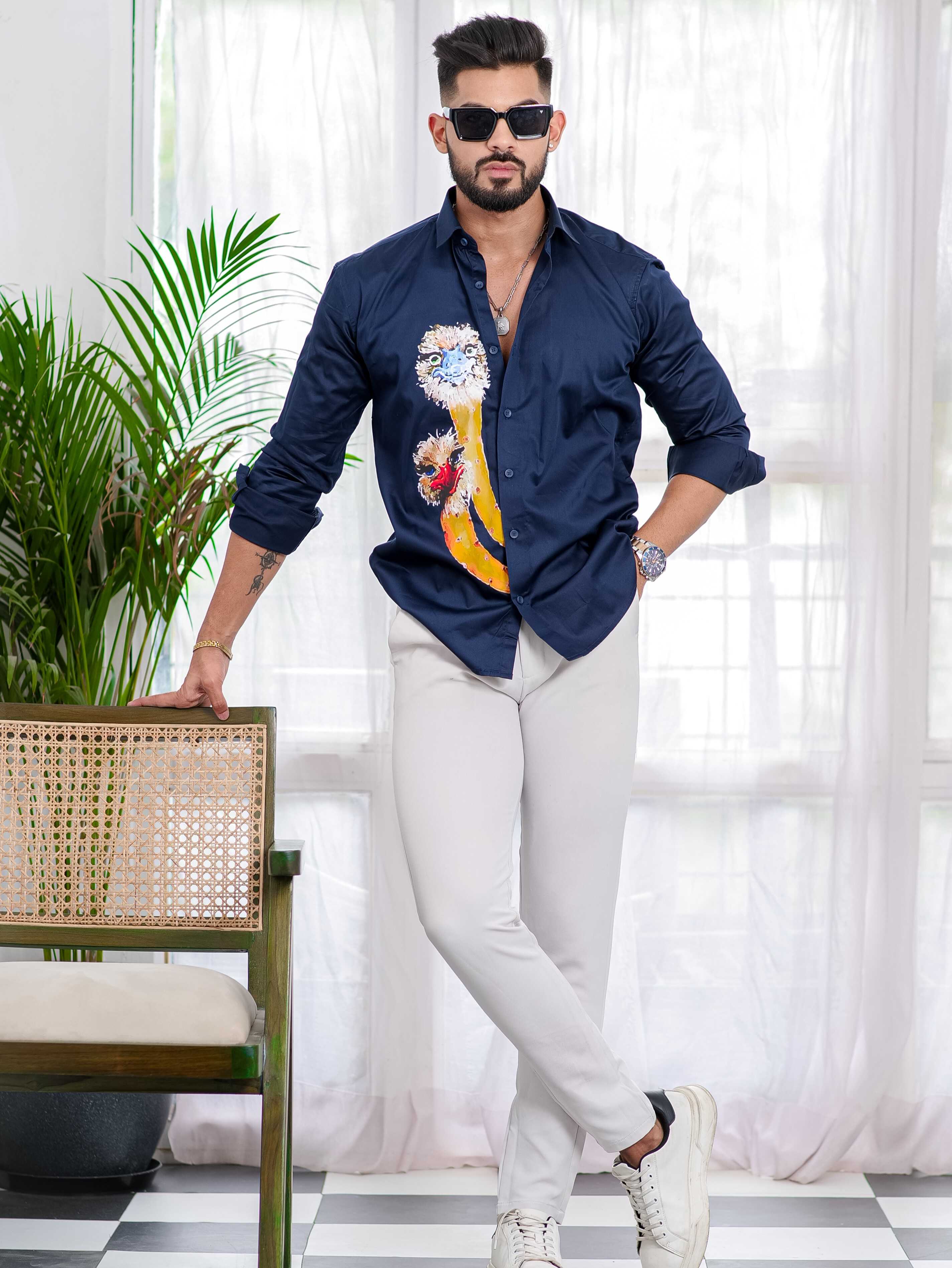 Navy Blue Club Wear Printed Satin Cotton Shirt - Image 3