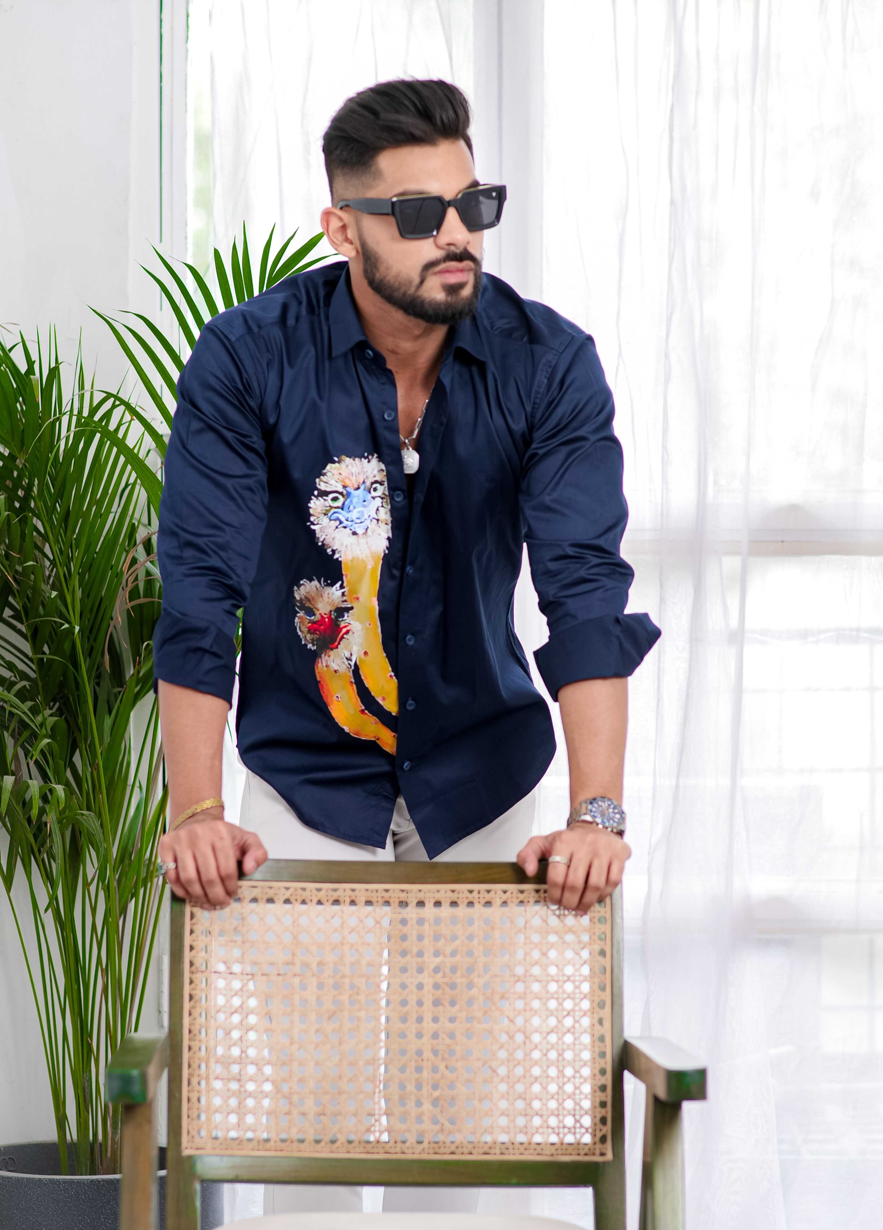 Navy Blue Club Wear Printed Satin Cotton Shirt - Image 4