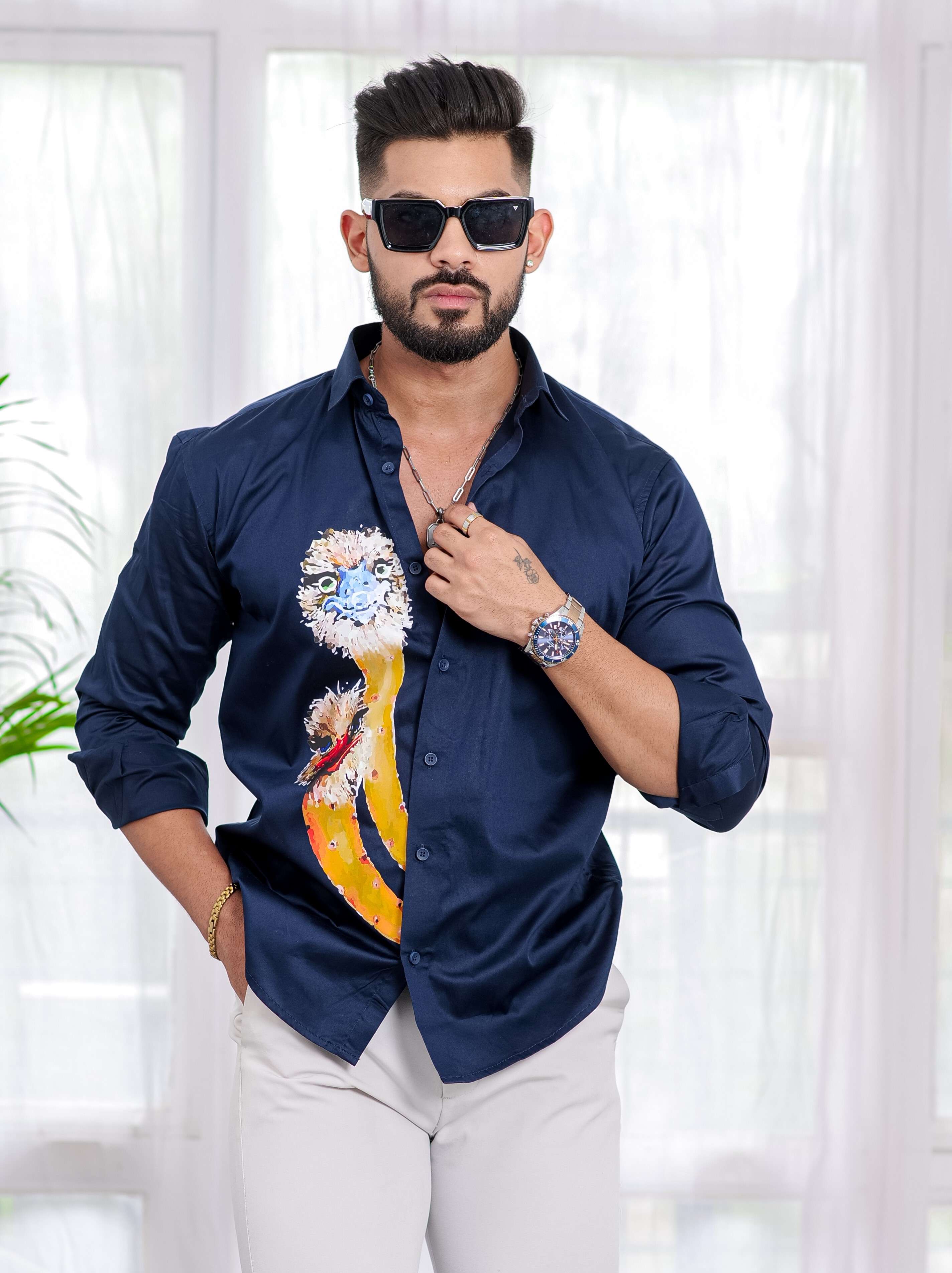 Navy Blue Club Wear Printed Satin Cotton Shirt - Image 7