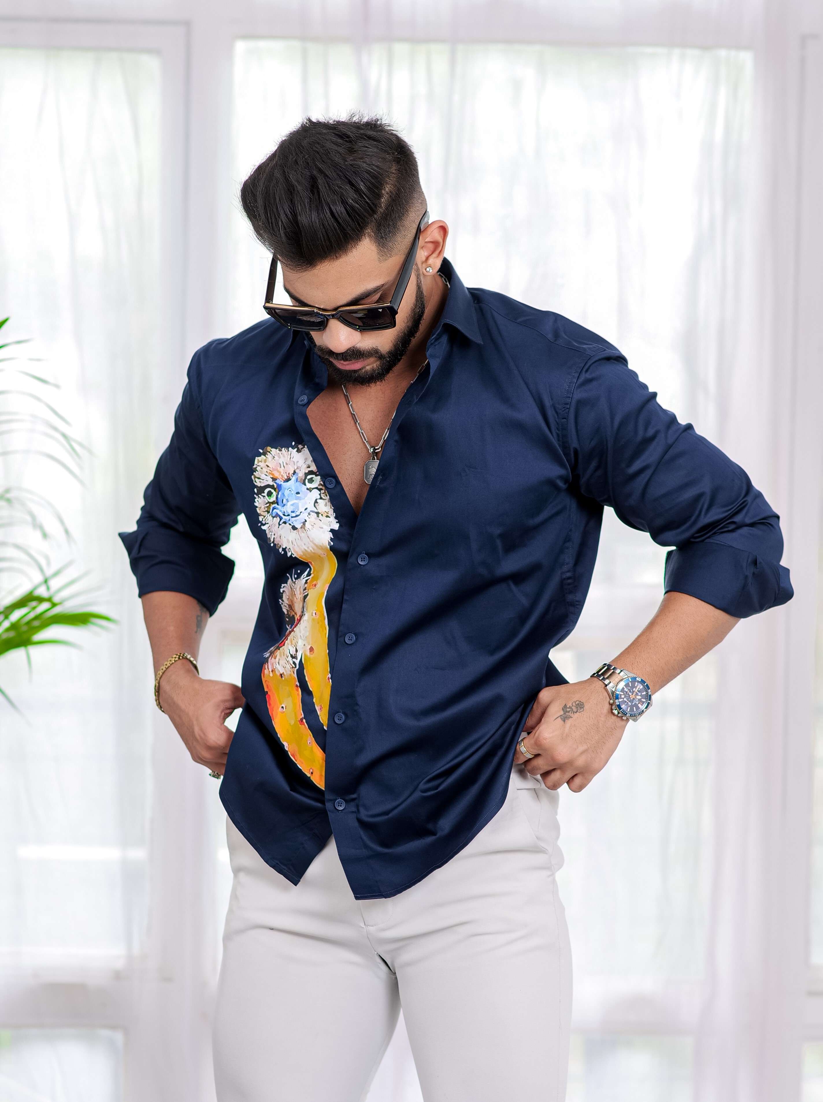 Navy Blue Club Wear Printed Satin Cotton Shirt - Image 8