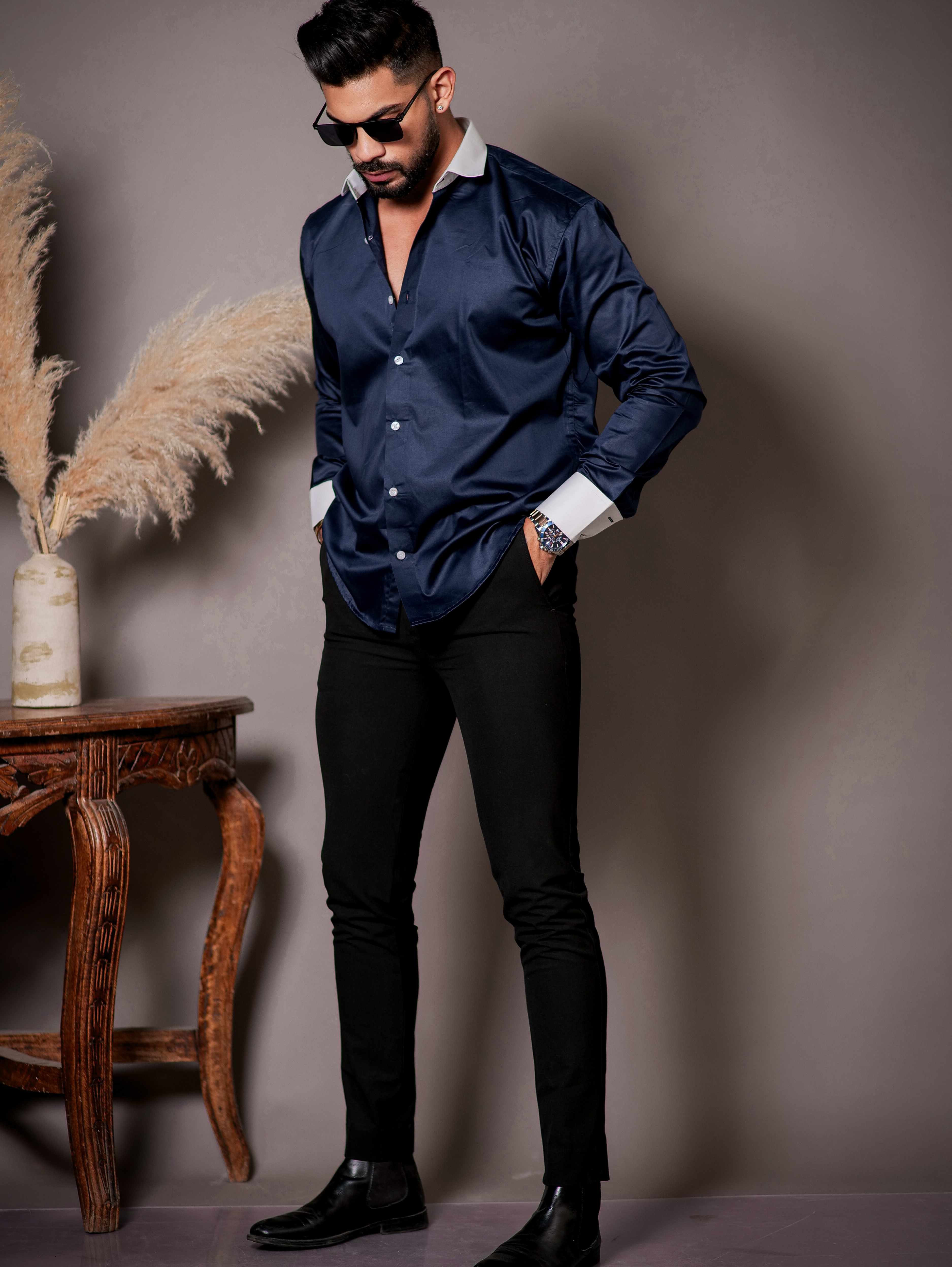 Navy Blue Satin Cotton Premium Shirt - Image 3