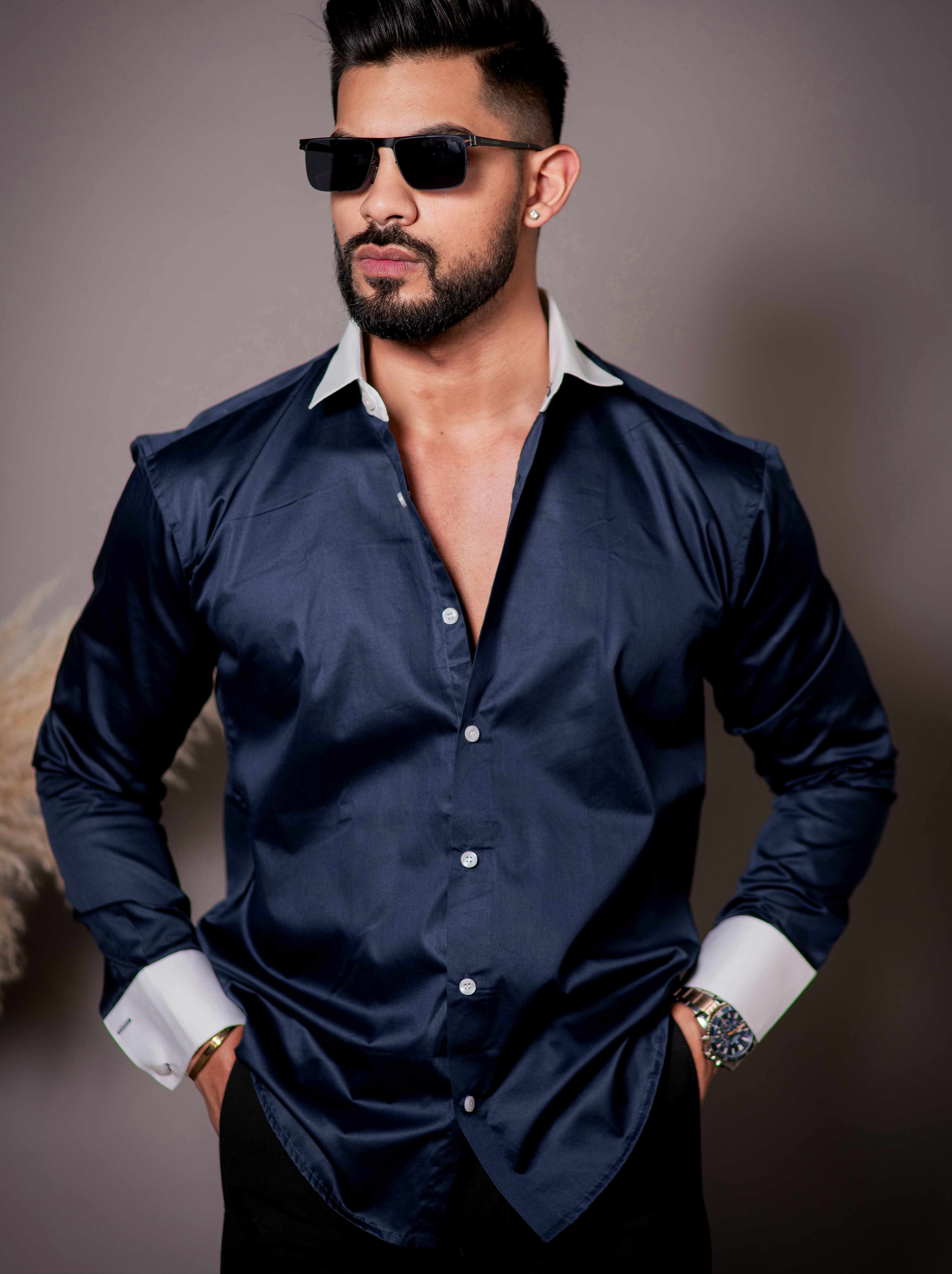 Navy Blue Satin Cotton Premium Shirt - Image 4