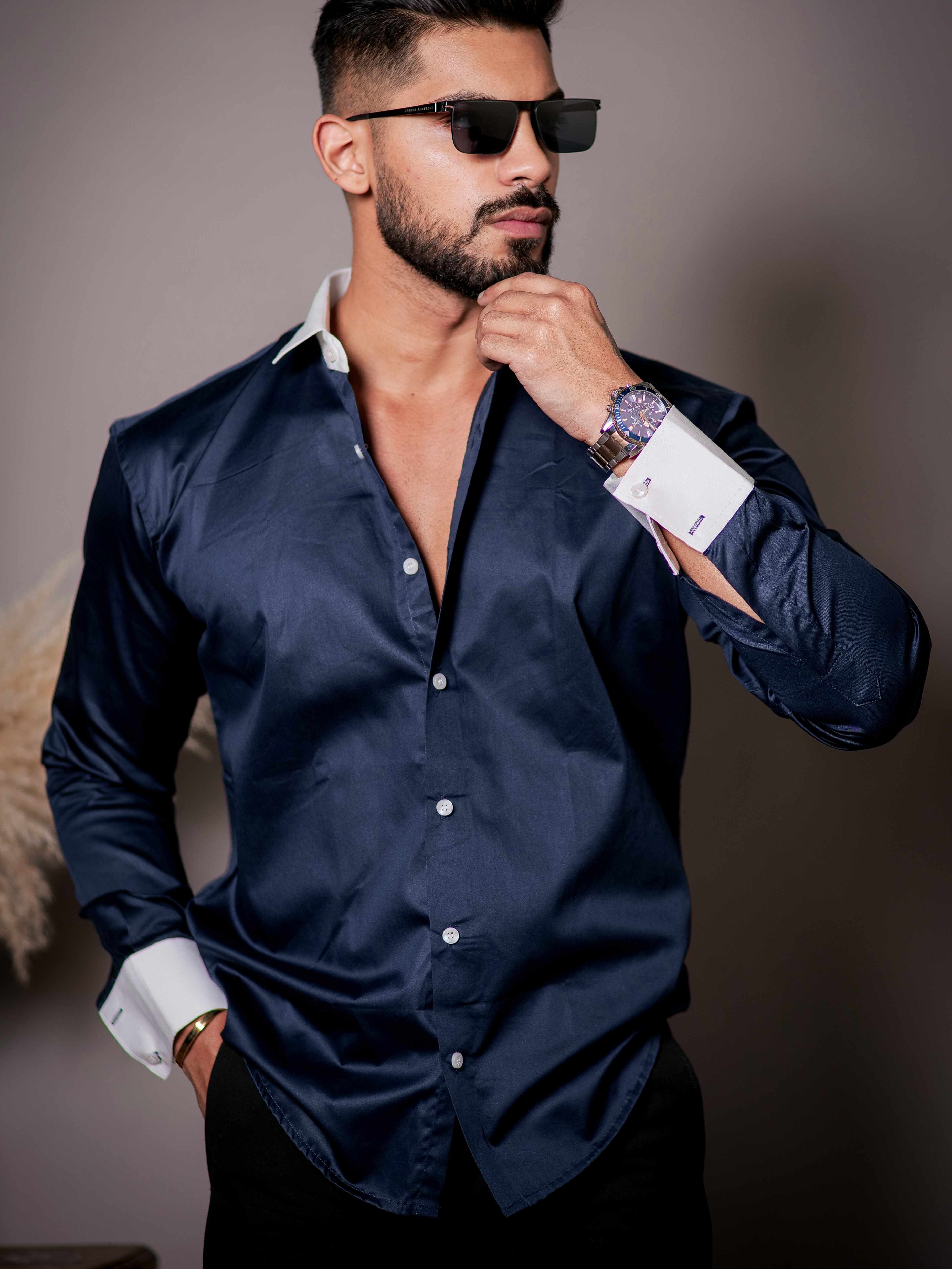 Navy Blue Satin Cotton Premium Shirt - Image 5