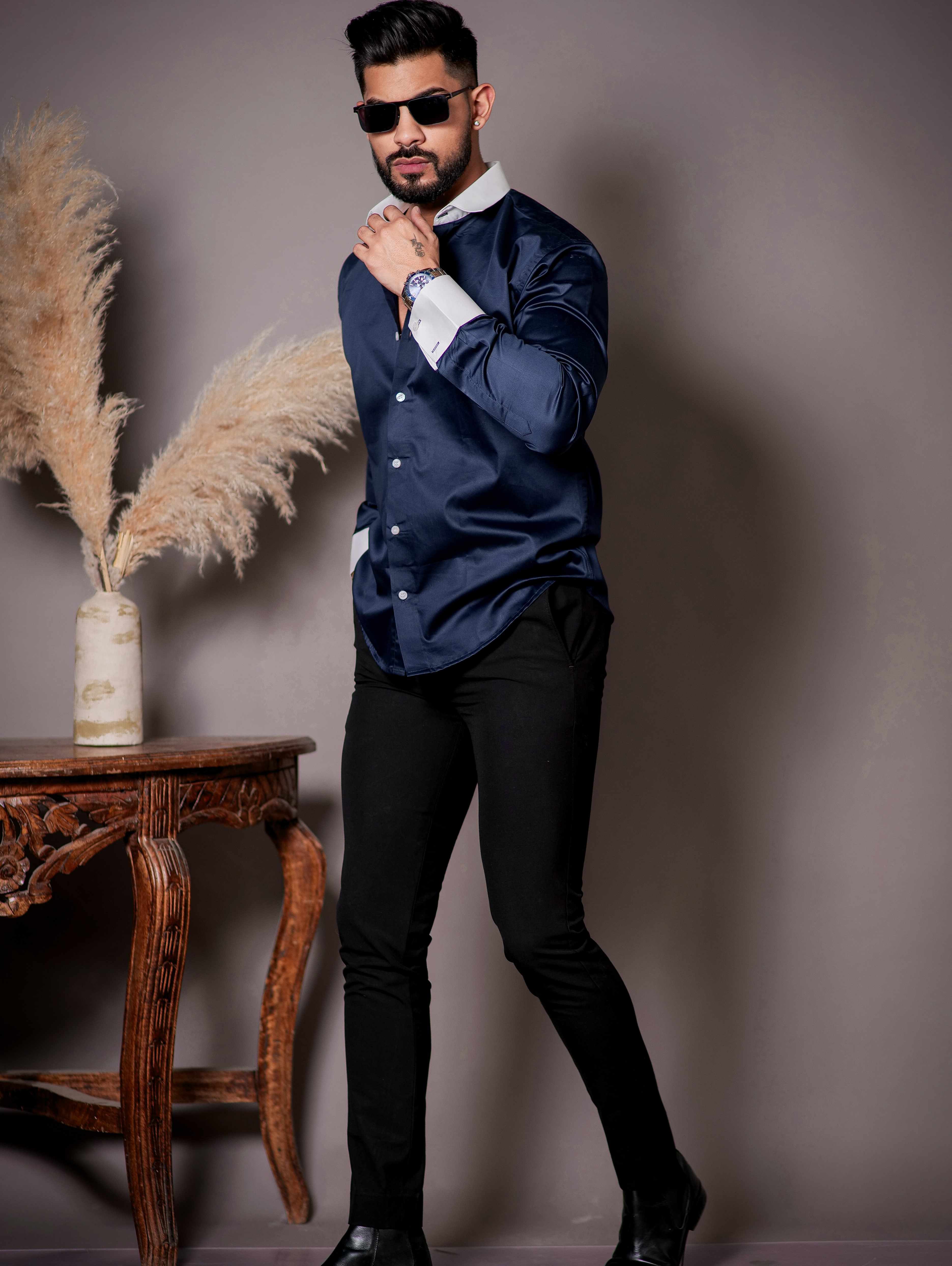 Navy Blue Satin Cotton Premium Shirt - Image 6