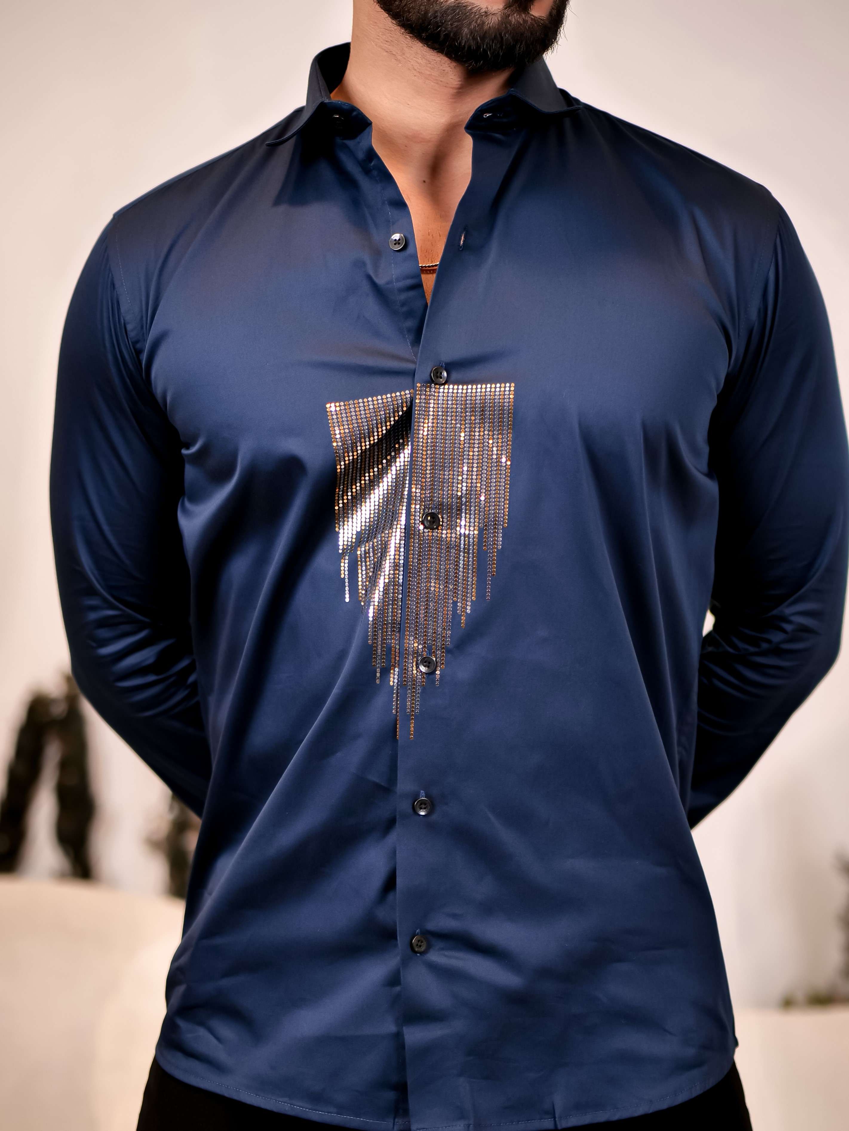 Navy Blue Sequence Club Wear Satin Cotton Party Shirt - Image 2