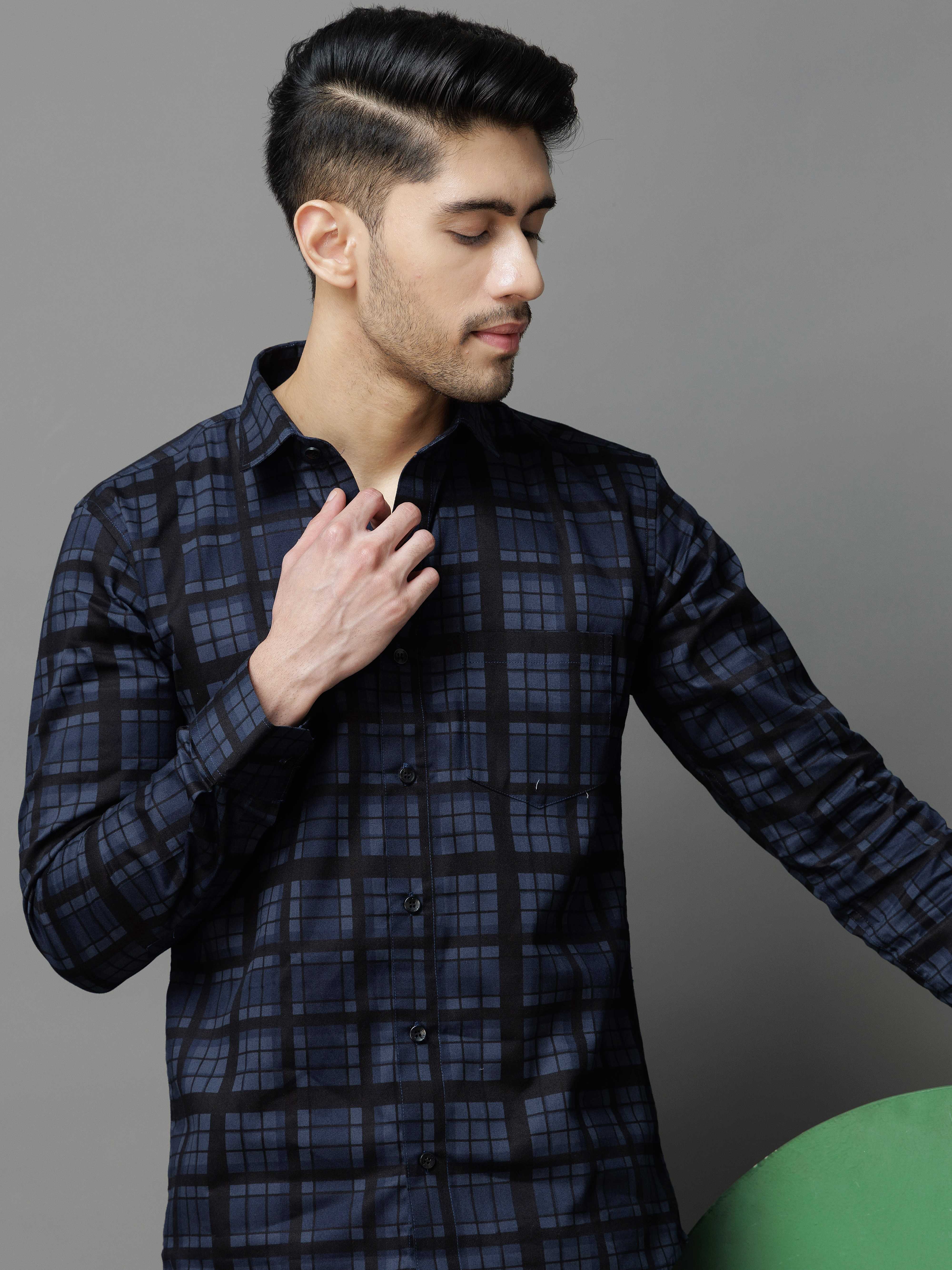 NAVY CHECKS PRINTED COTTON CASUAL SHIRT FOR MEN'S - Image 2