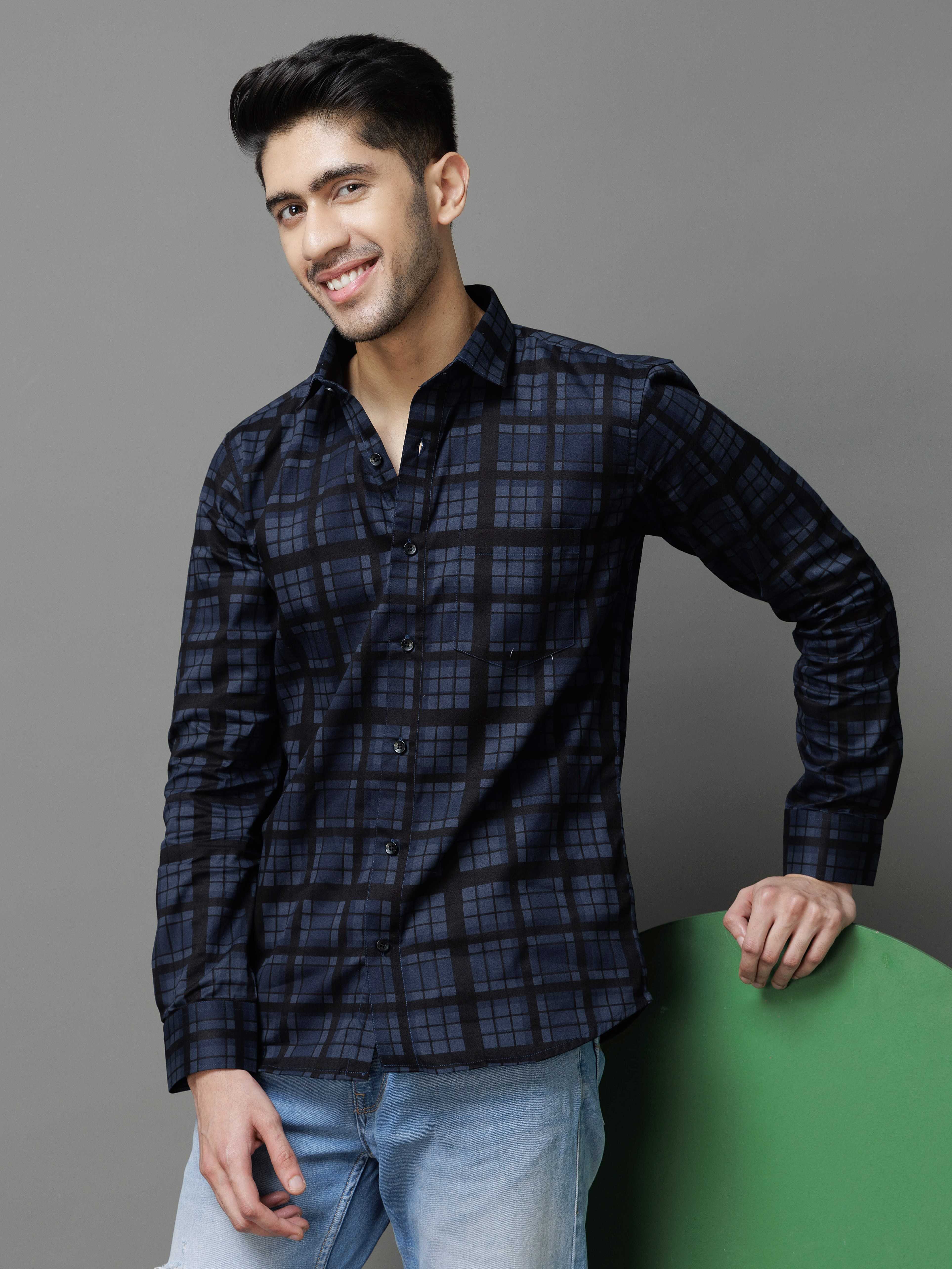 NAVY CHECKS PRINTED COTTON CASUAL SHIRT FOR MEN'S - Image 5
