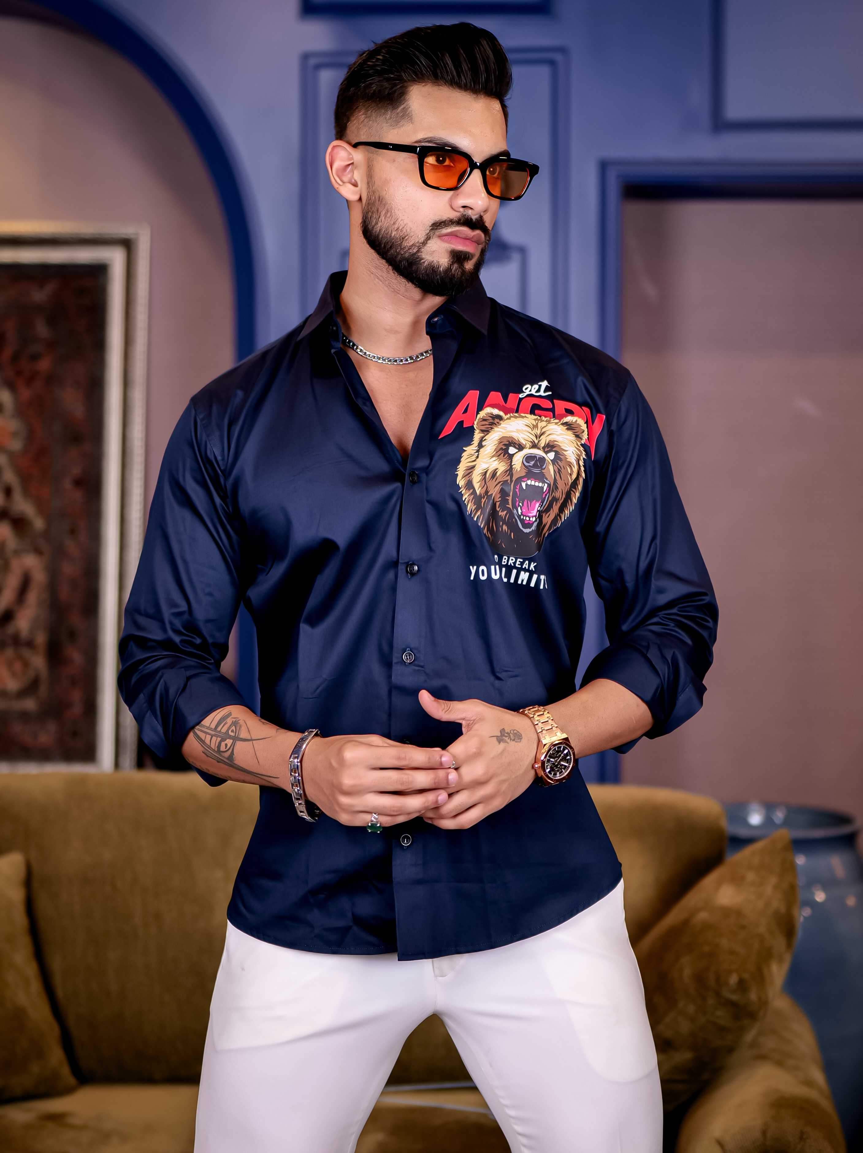 Navy Club Wear Angry bear Cartoon Printed Satin Cotton Shirt - Image 4