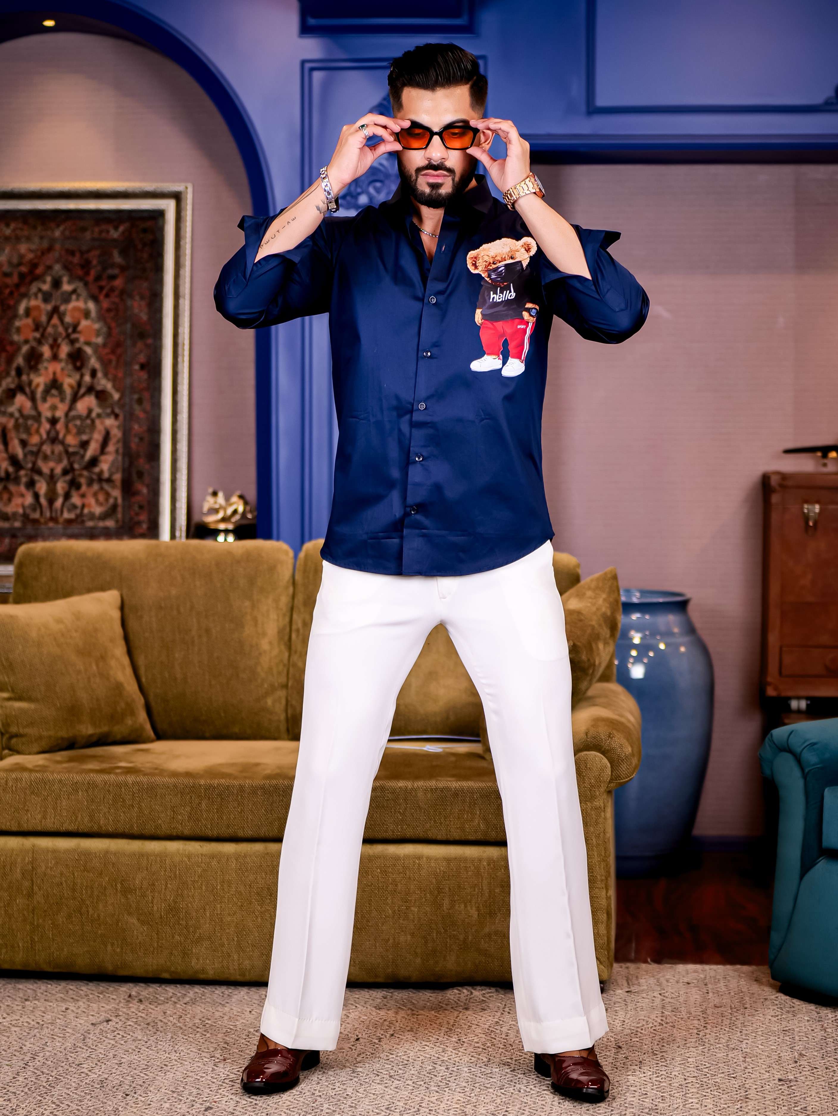 Navy Club Wear Hello Cartoon Printed Satin Cotton Shirt - Image 6