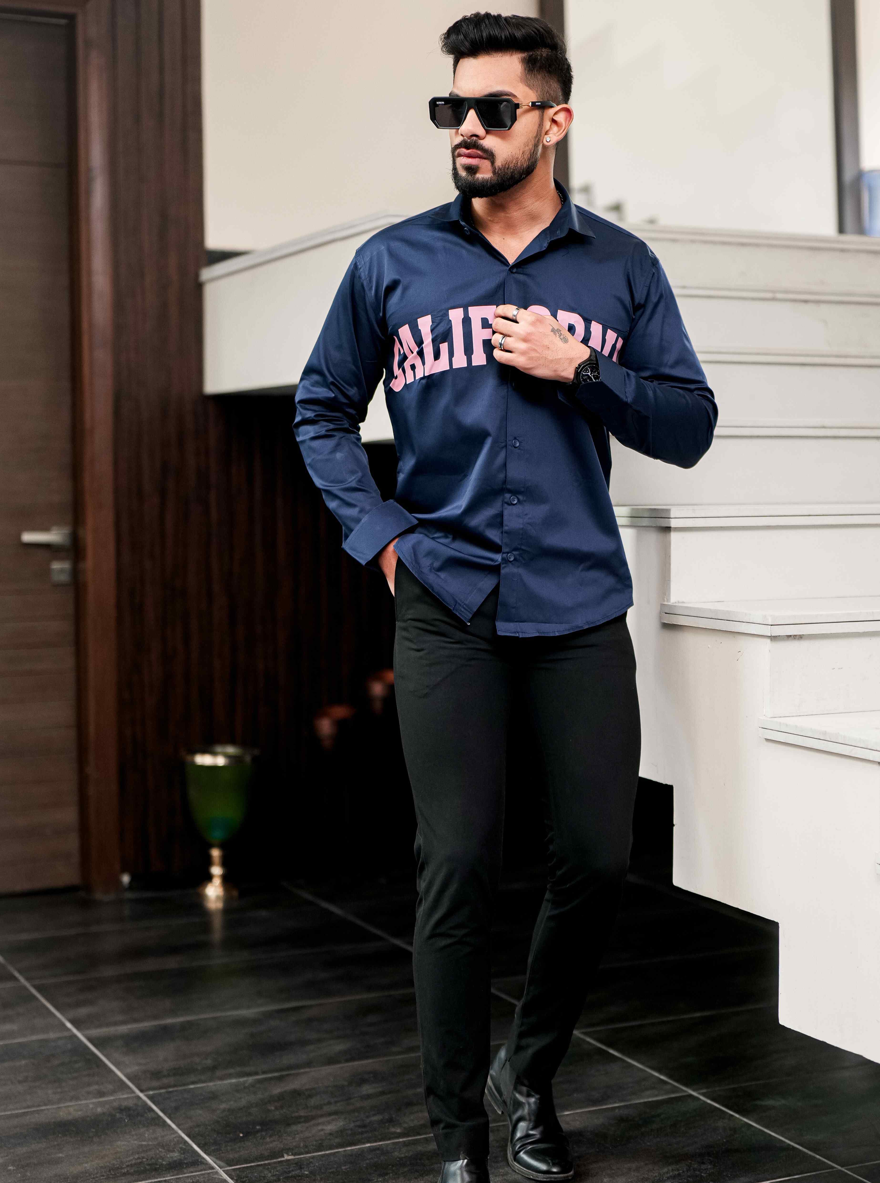 Navy Club Wear Printed Satin Cotton Shirt - Image 6