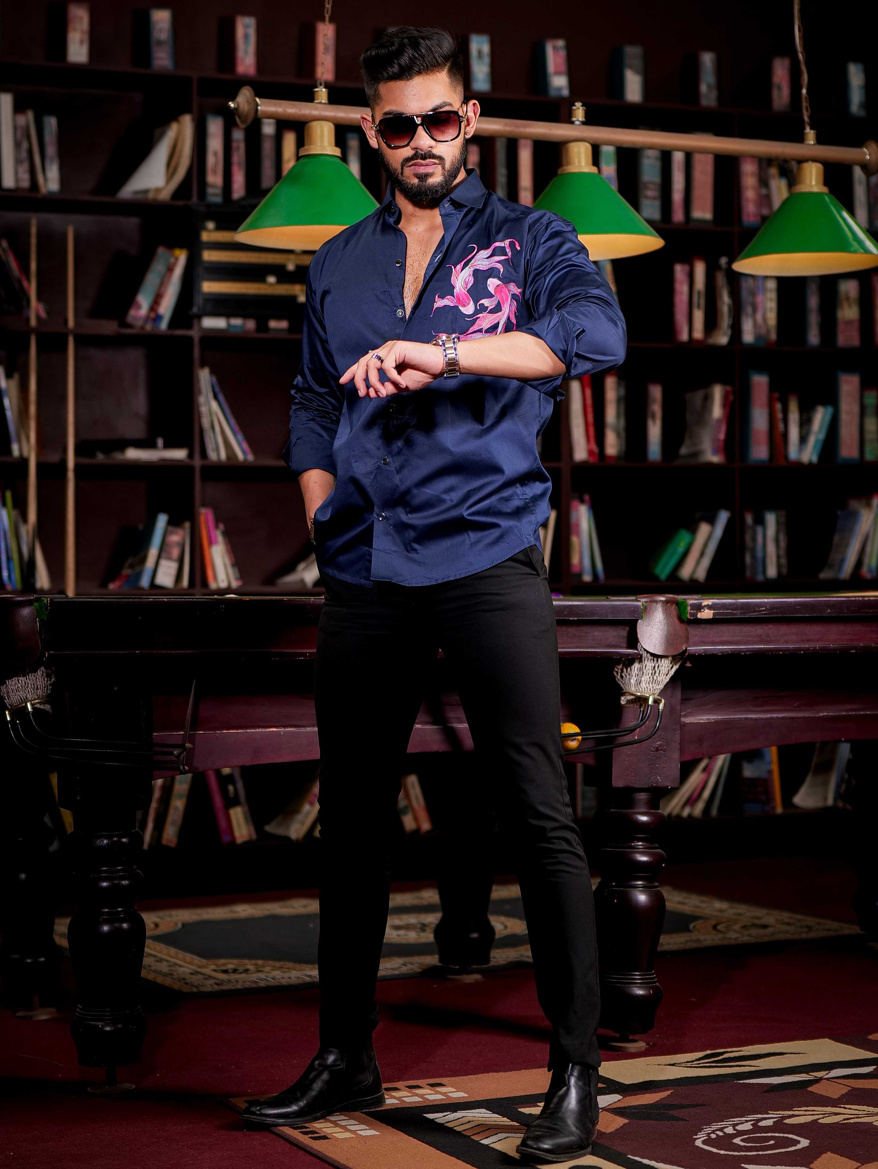 Navy Club Wear Printed Satin Cotton Shirt - Image 7
