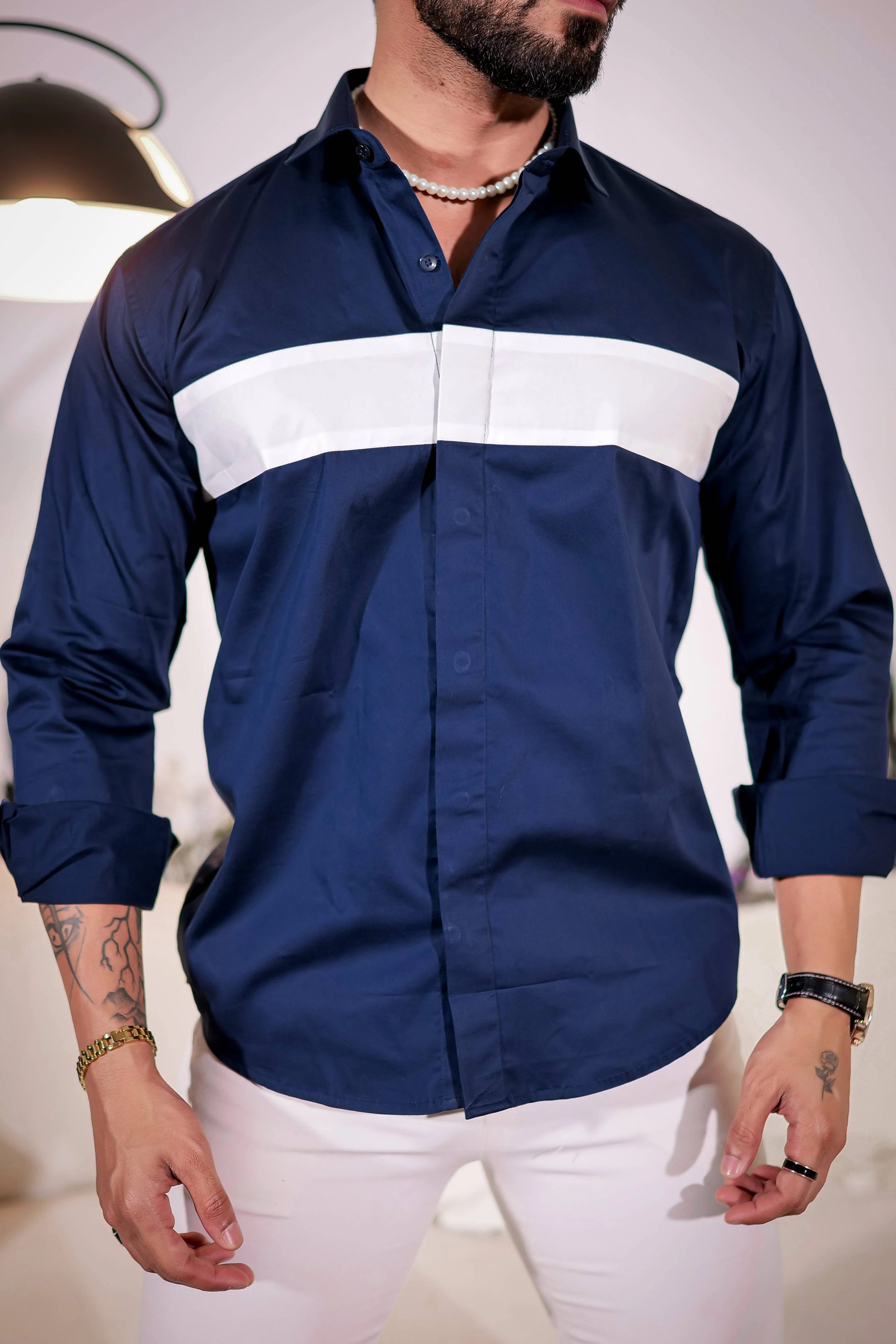 Navy Designer Club Wear Cut n Sew Satin Cotton Shirt - Image 2