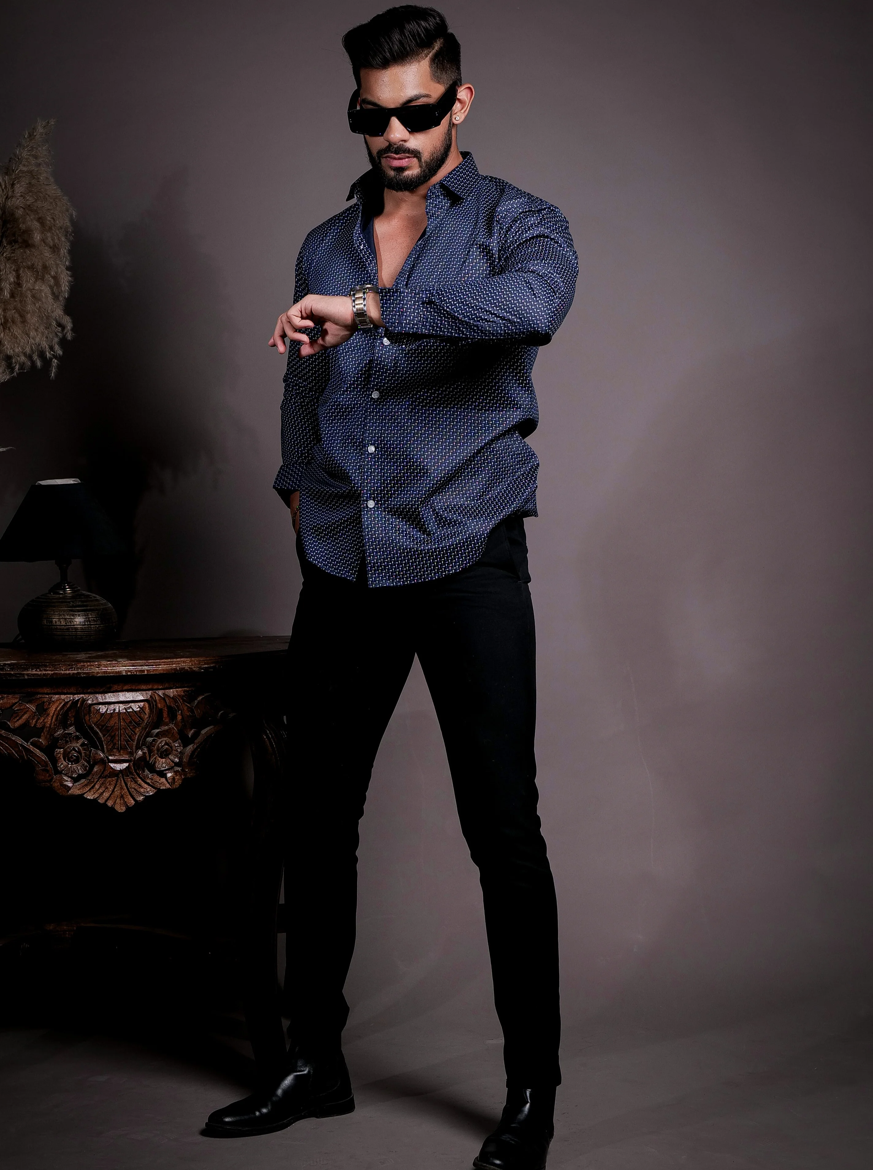 Navy Satin Cotton Print Premium Shirt - Image 2