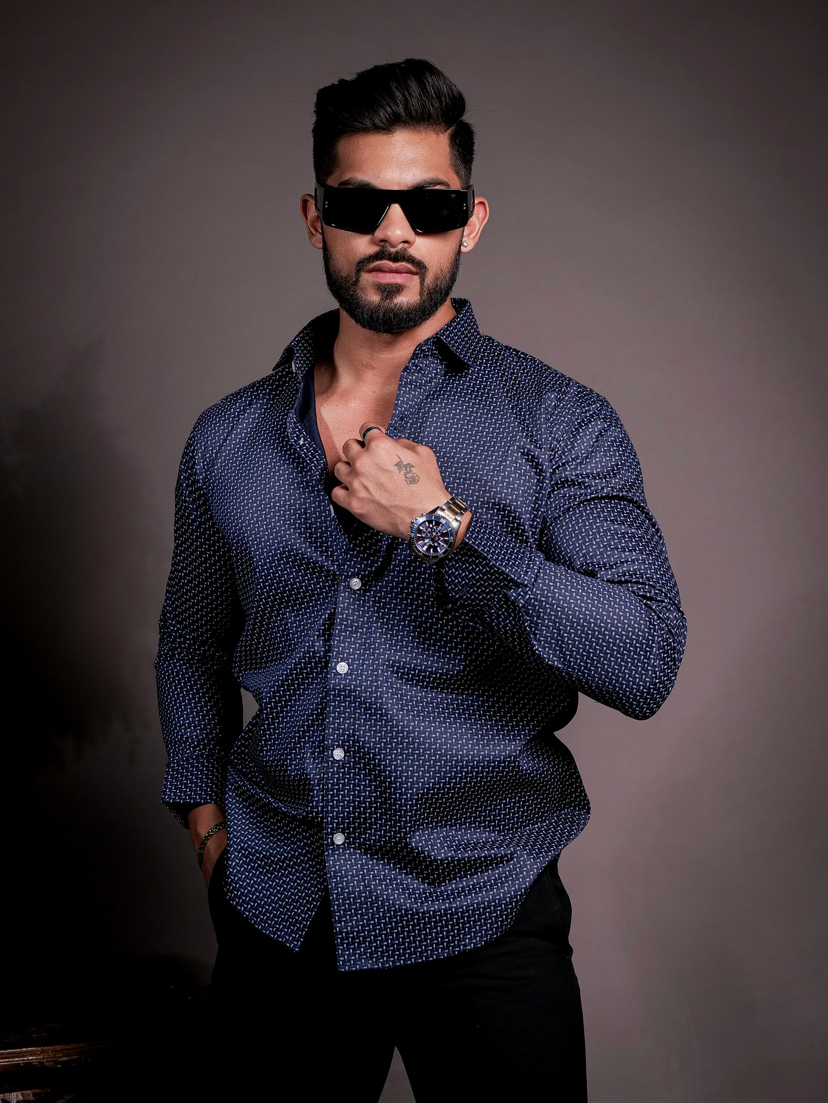Navy Satin Cotton Print Premium Shirt - Image 4