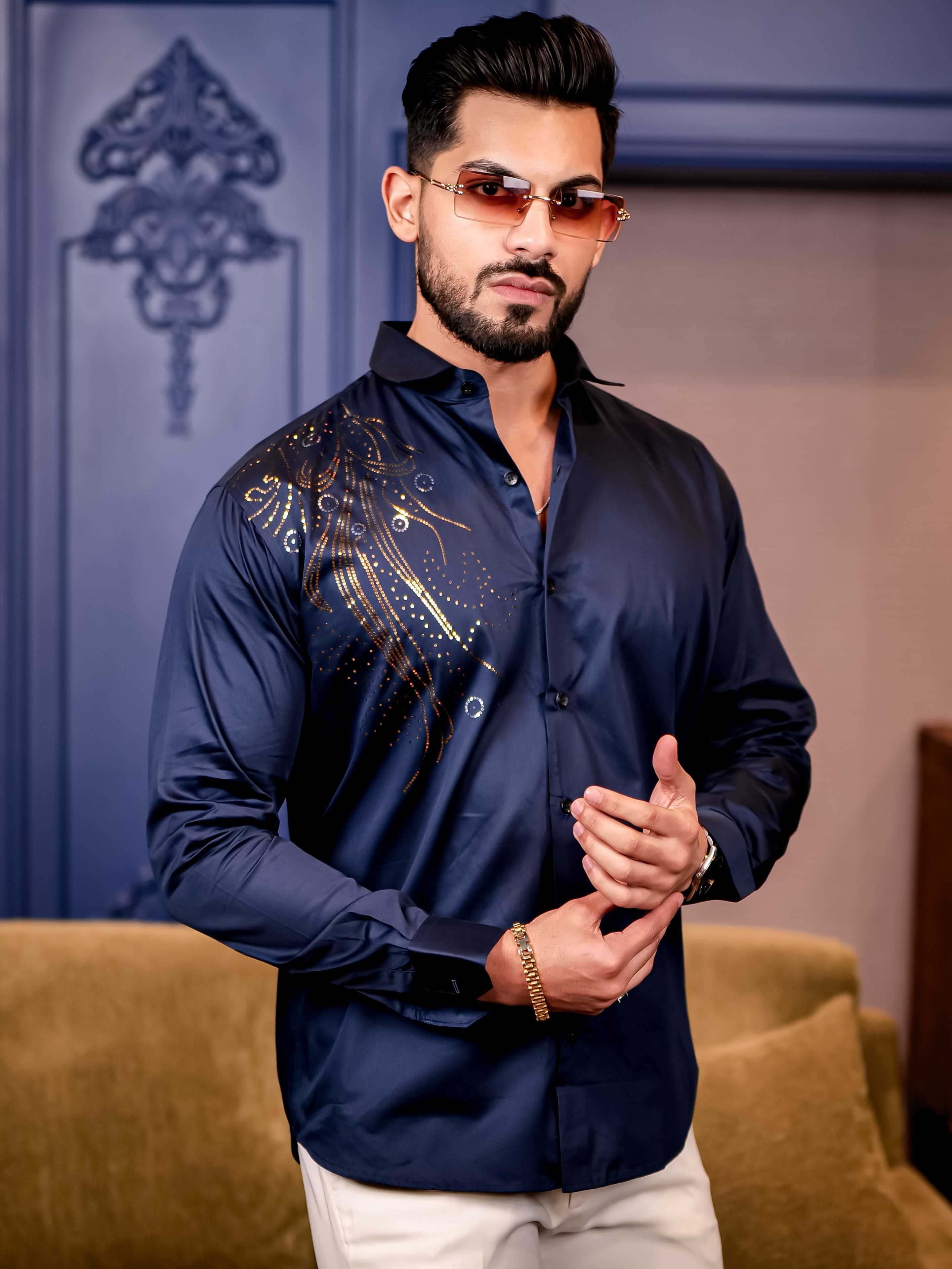 Navy Sequence Club Wear Satin Cotton Party Shirt - Image 5