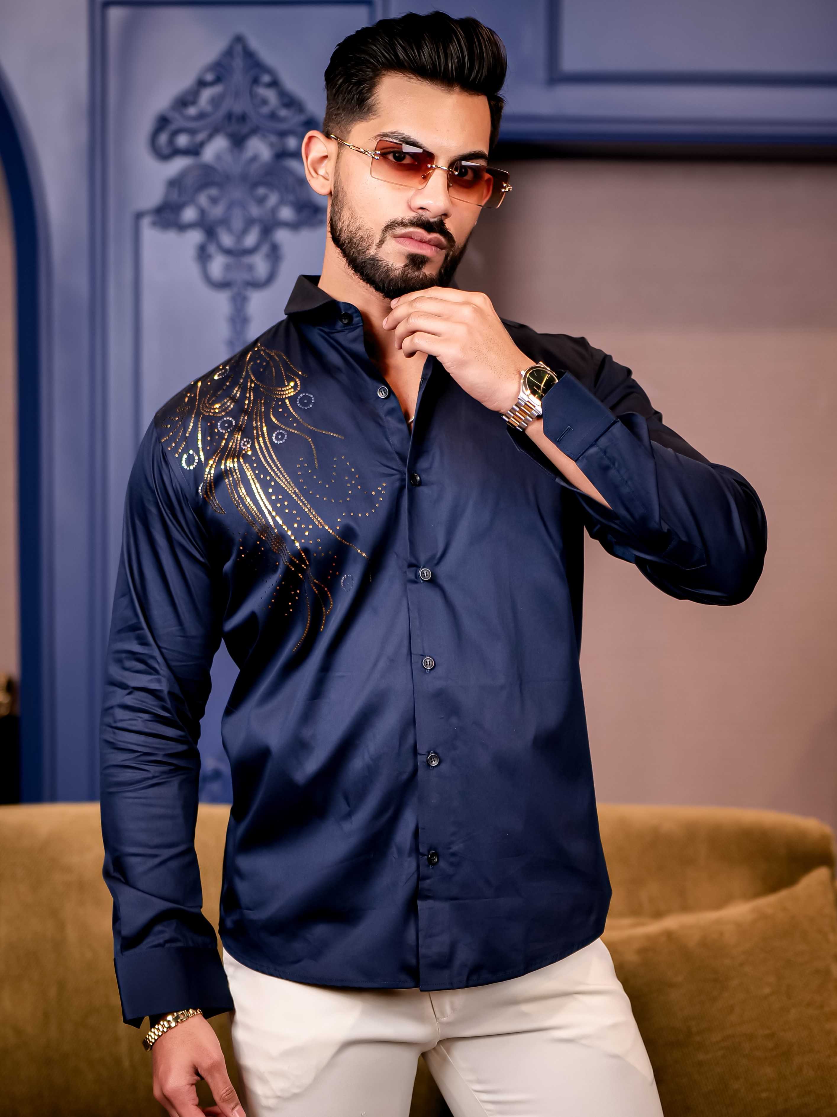 Navy Sequence Club Wear Satin Cotton Party Shirt - Image 6