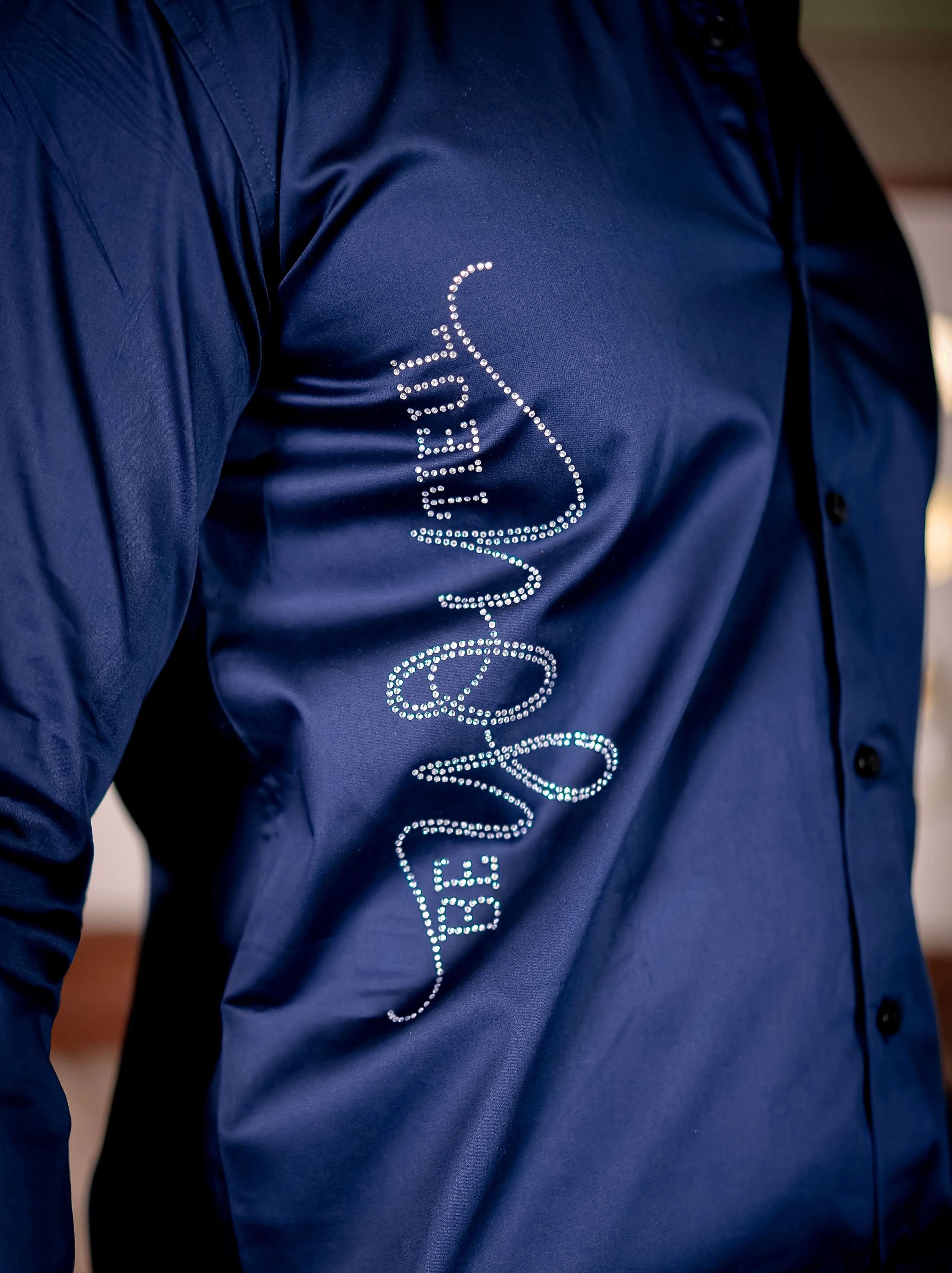 Navy Starry Beaded Club Wear Printed Satin Cotton Shirt - Image 2