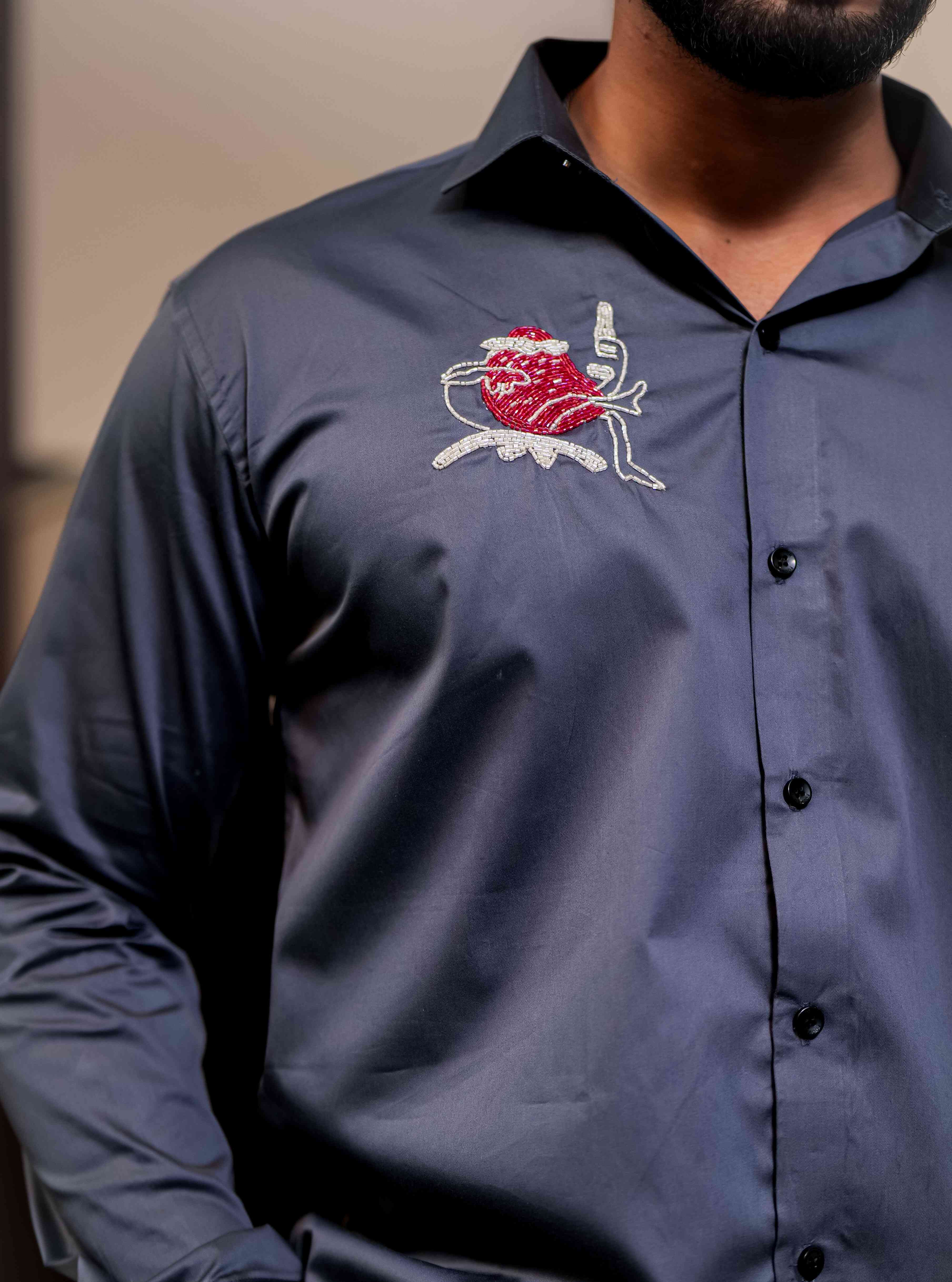 Darkgrey Heart Hand Work Party Satin Cotton Premium Shirt - Image 2