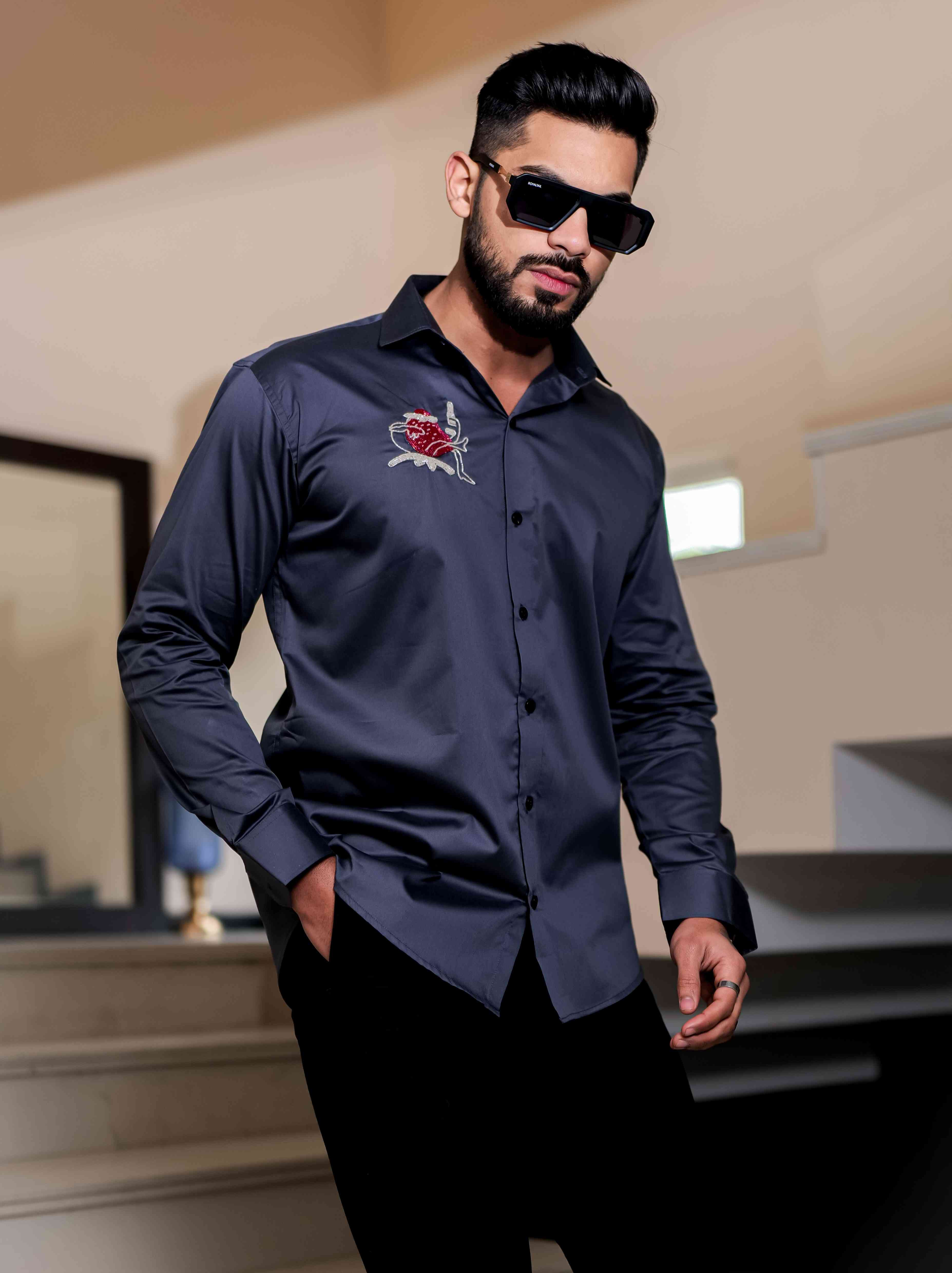 Darkgrey Heart Hand Work Party Satin Cotton Premium Shirt - Image 4