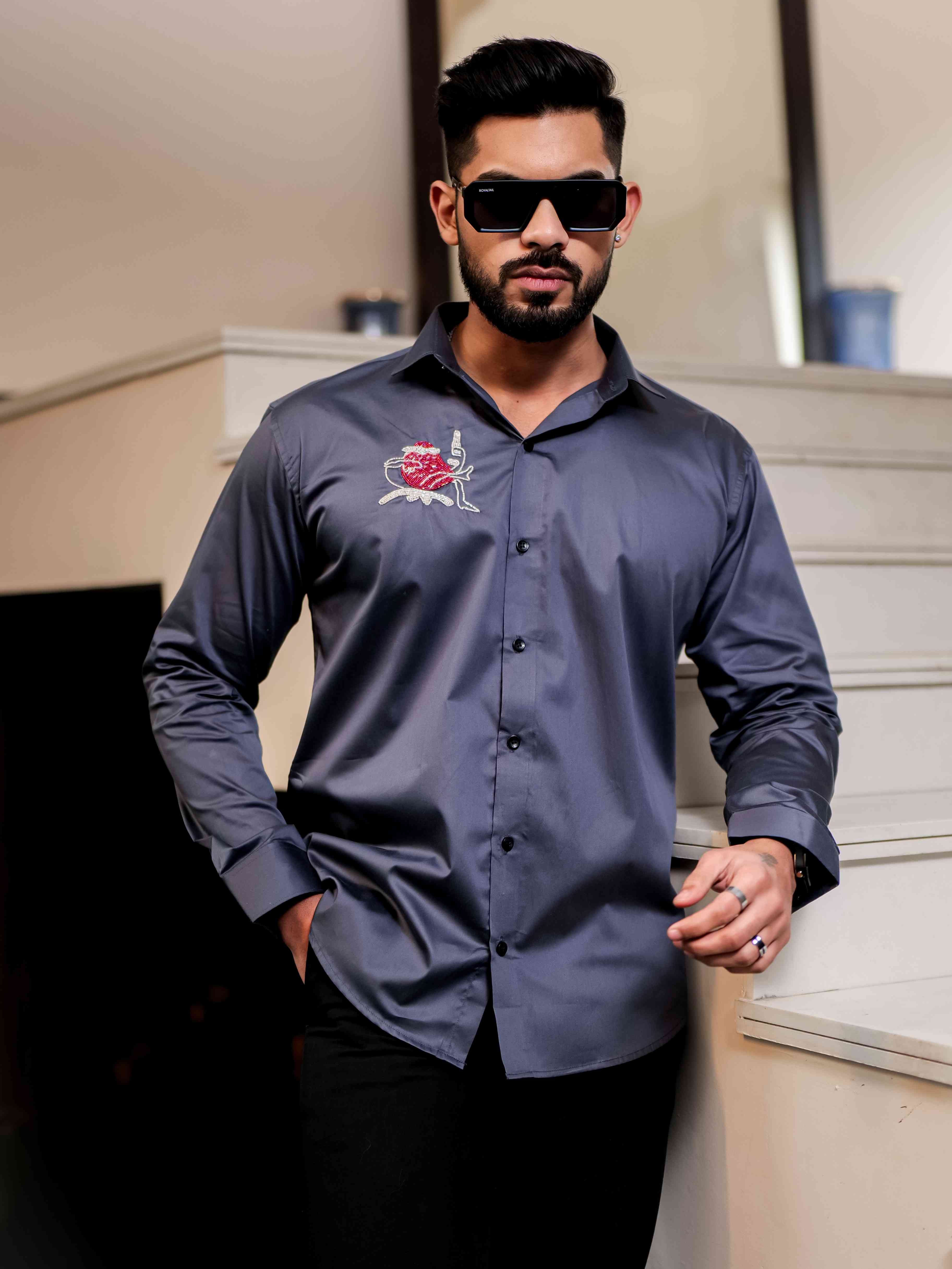 Darkgrey Heart Hand Work Party Satin Cotton Premium Shirt - Image 5
