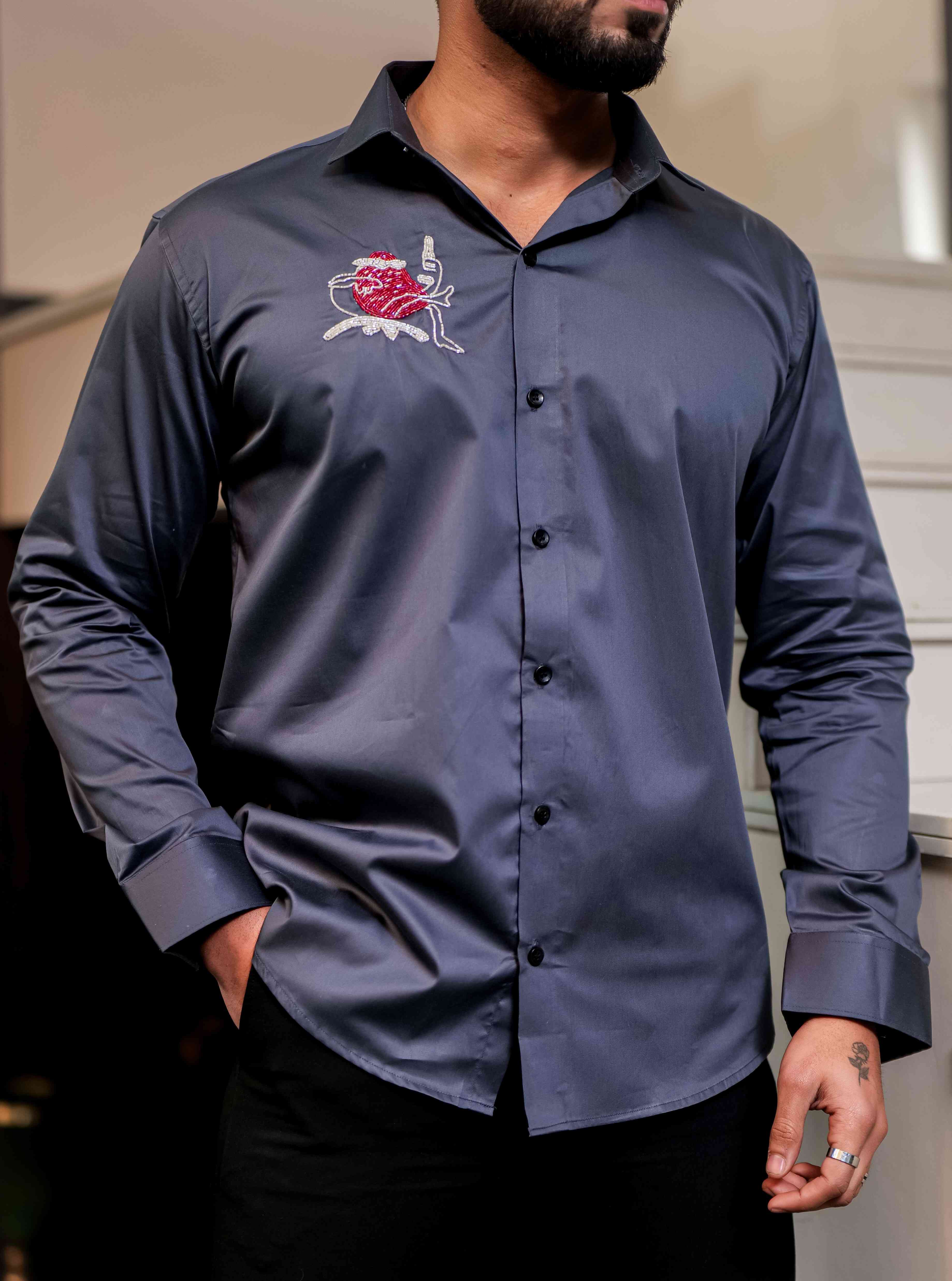 Darkgrey Heart Hand Work Party Satin Cotton Premium Shirt - Image 7