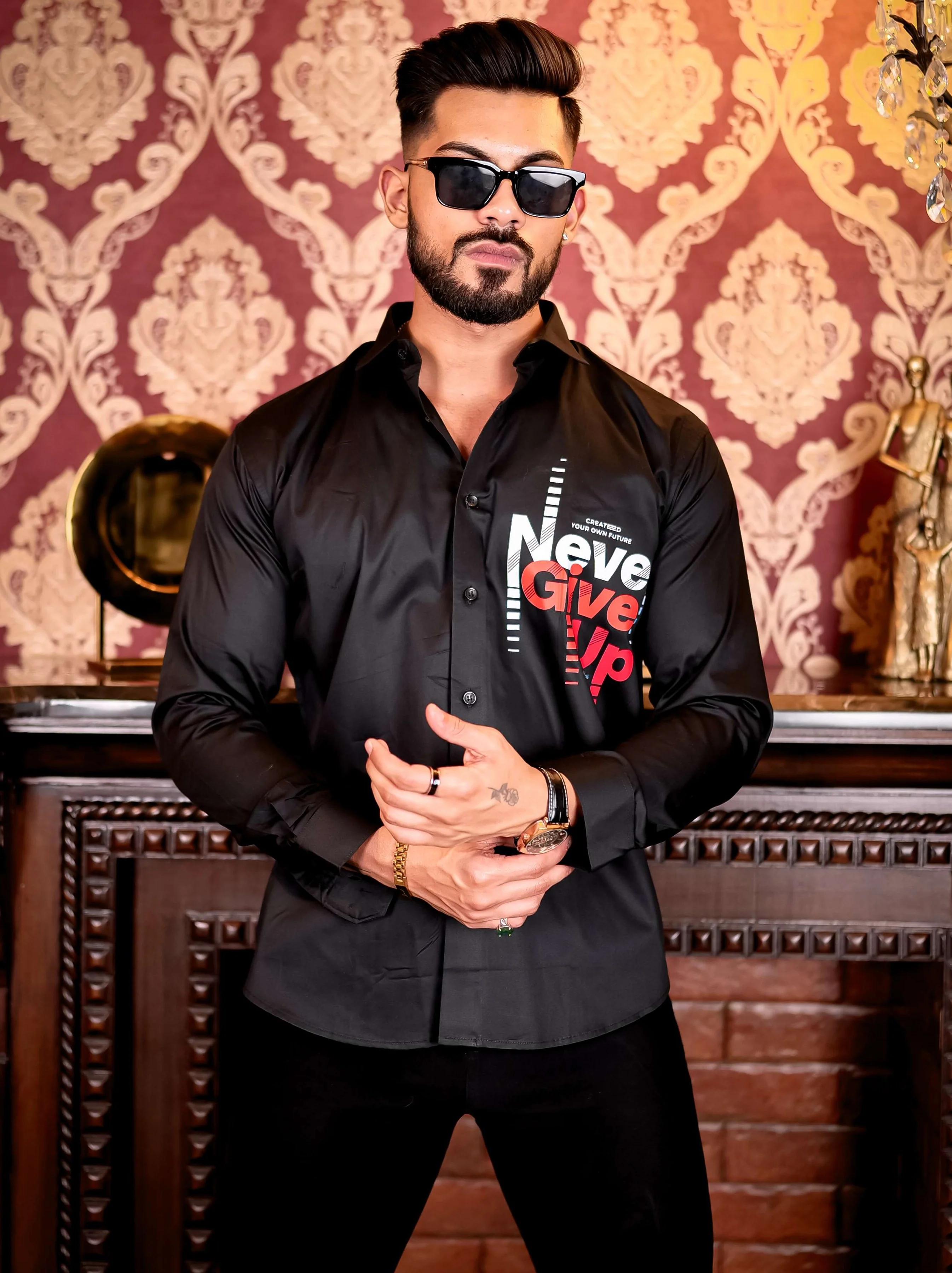 Never Give Up Black Club Wear Printed Satin Cotton Shirt - Image 4