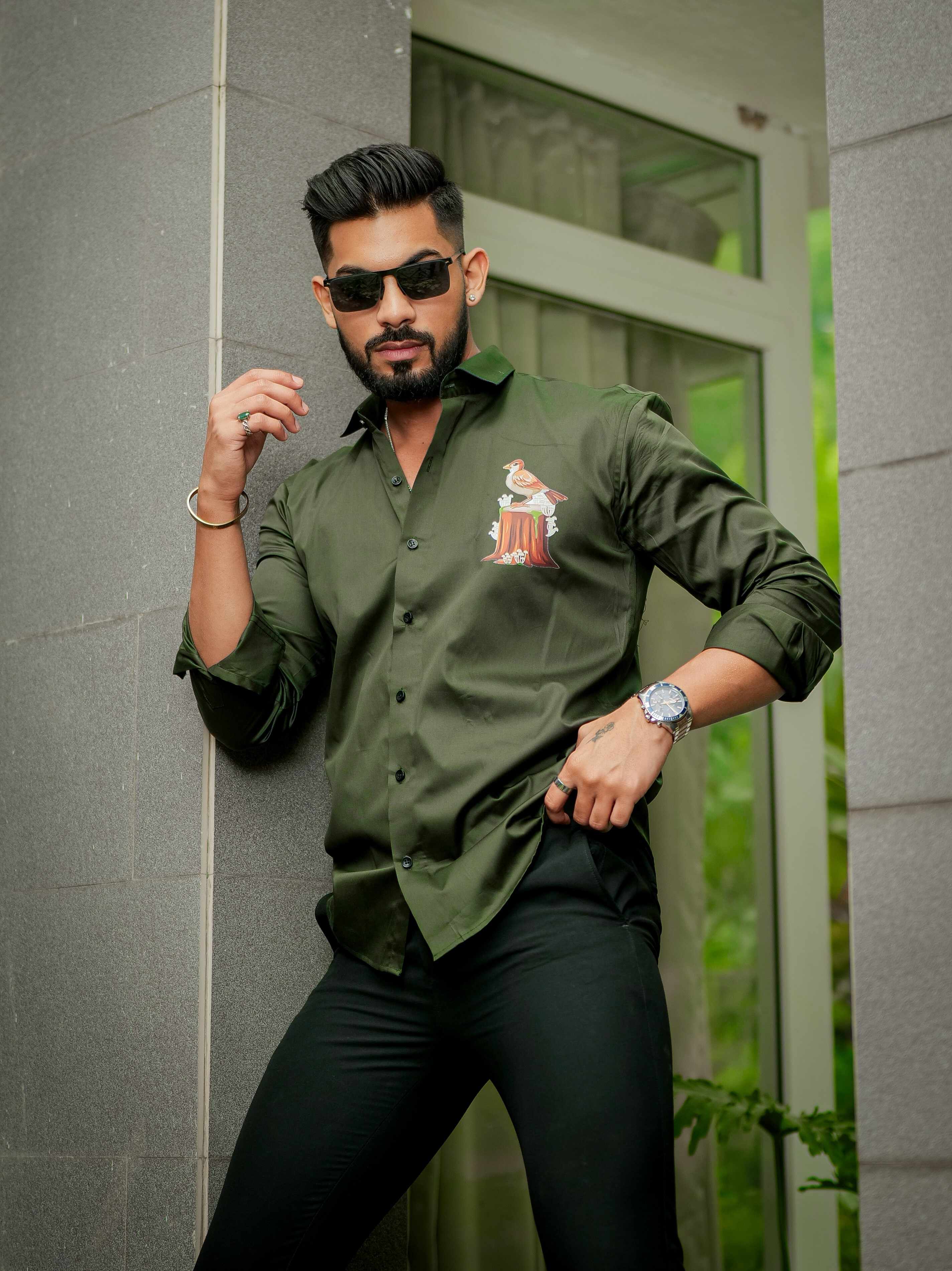 Olive Designer Giza Satin Cotton Shirt
