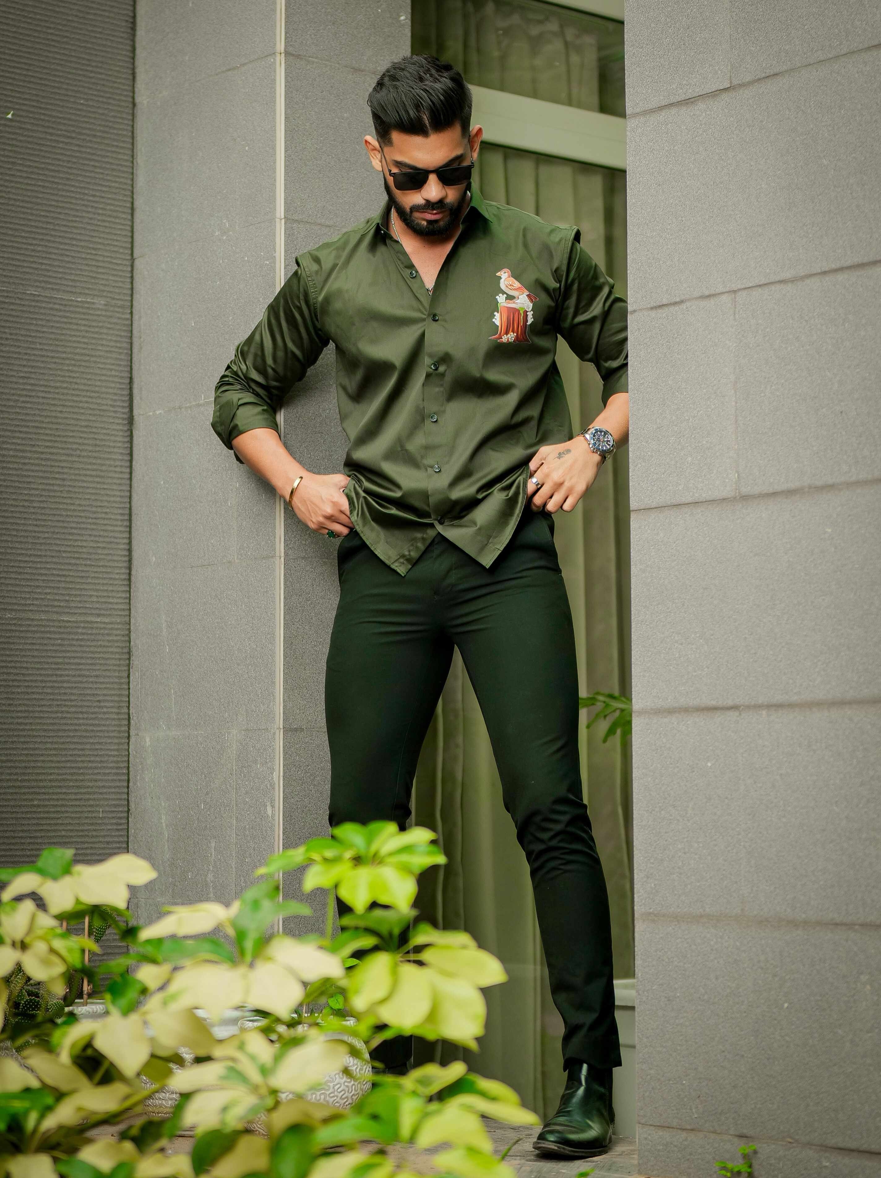 Olive Designer Giza Satin Cotton Shirt - Image 5