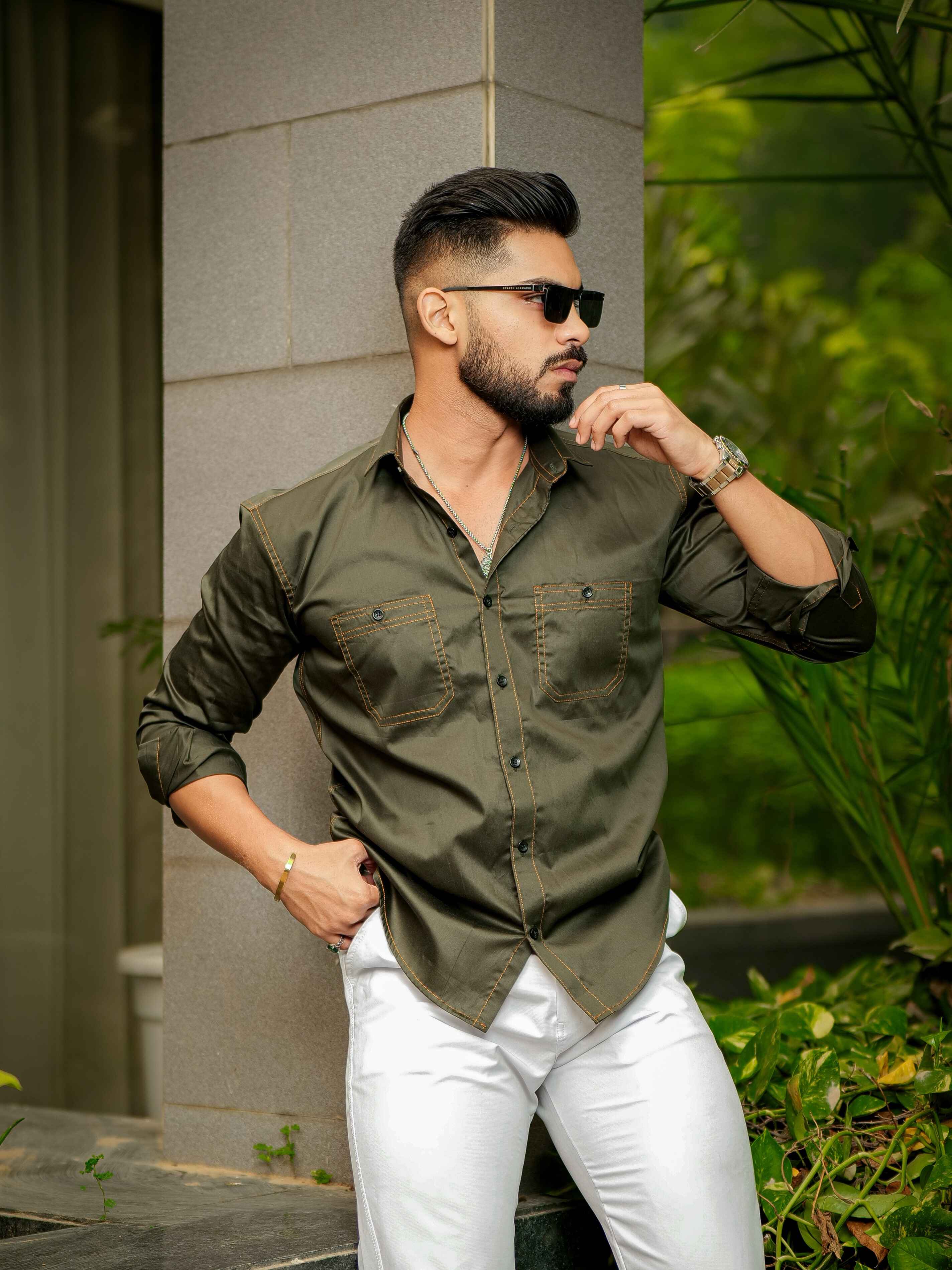 Olive Designer Giza Satin Cotton Shirt - Image 4
