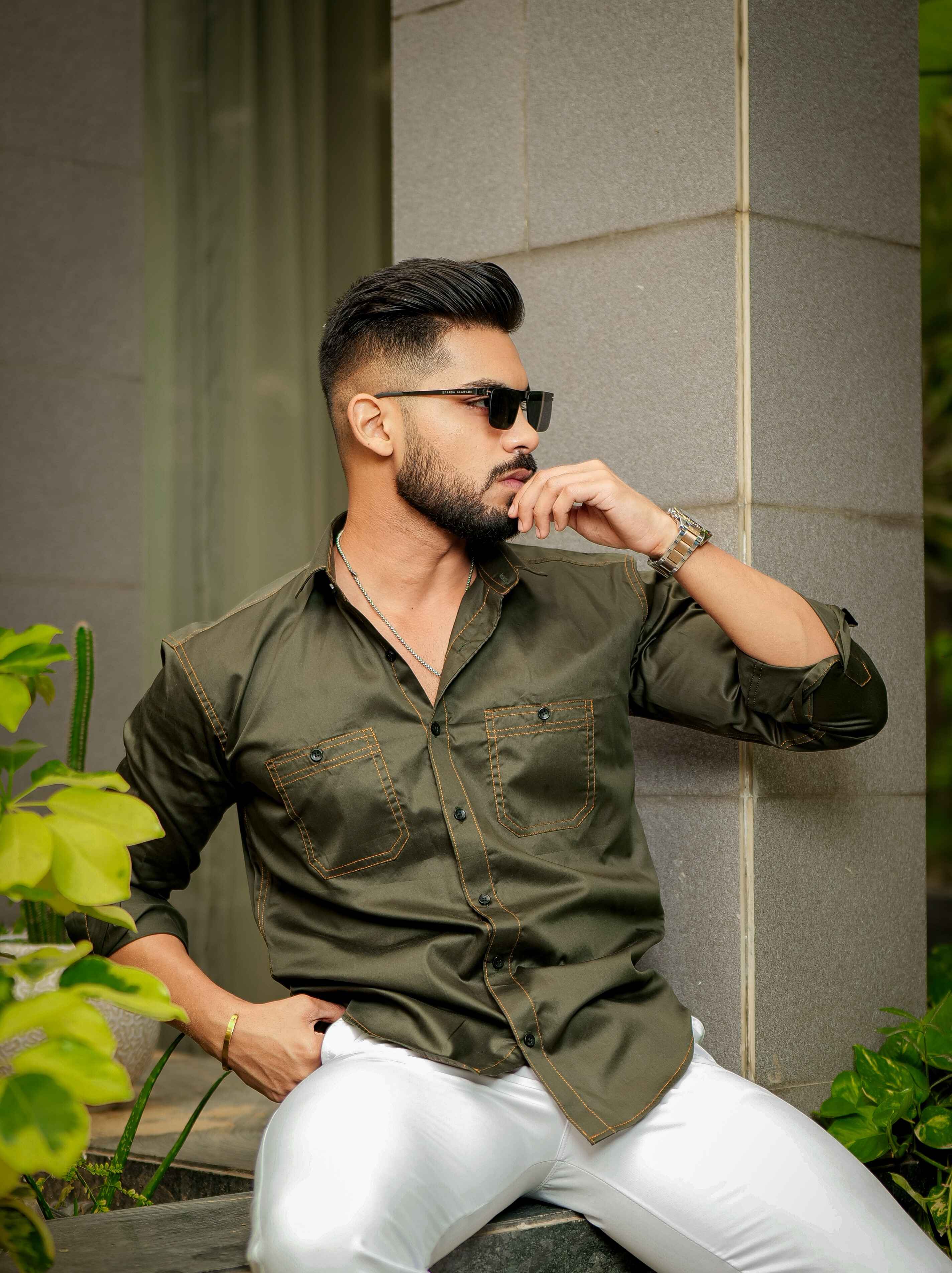 Olive Designer Giza Satin Cotton Shirt - Image 6