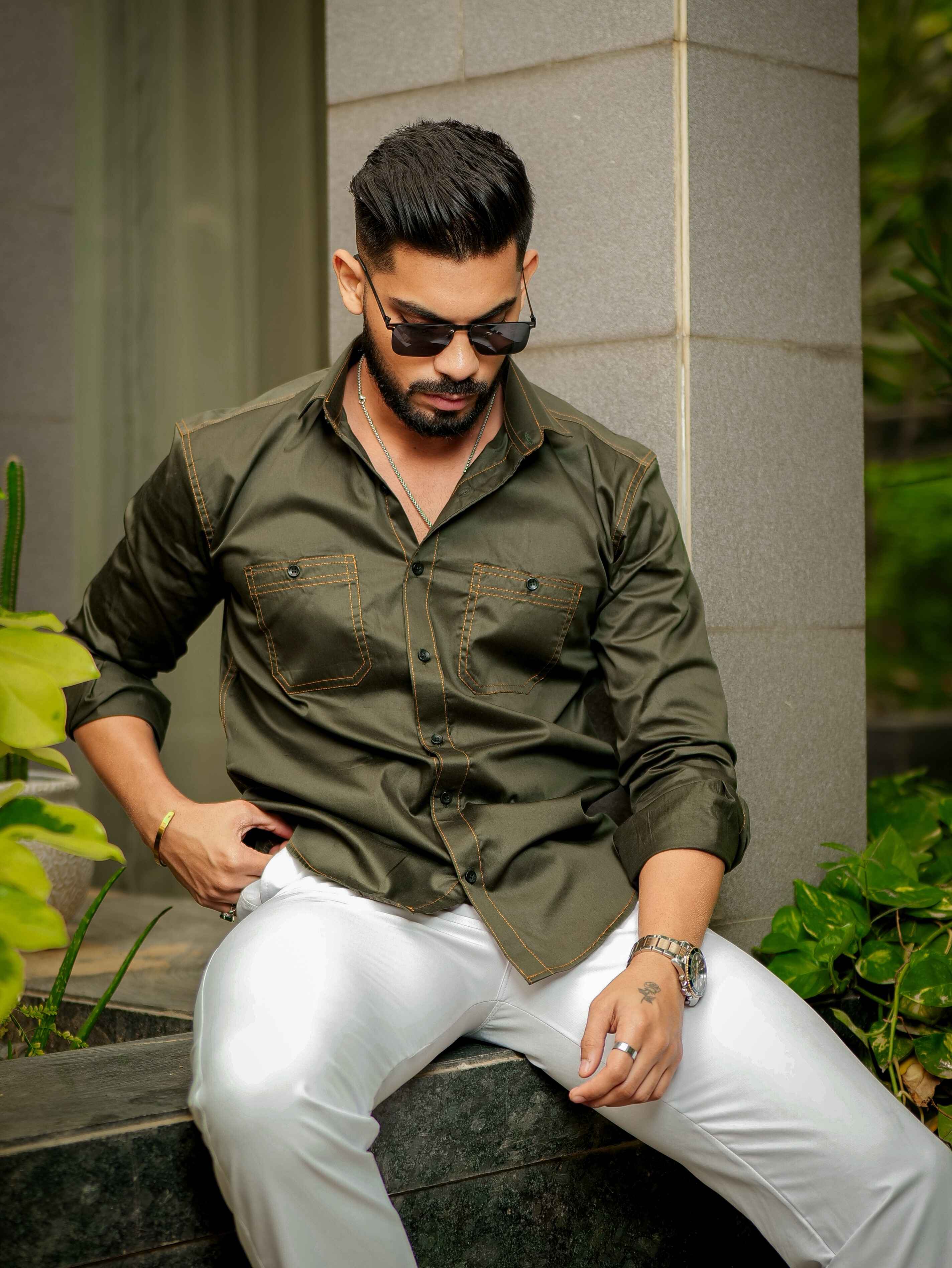 Olive Designer Giza Satin Cotton Shirt - Image 7